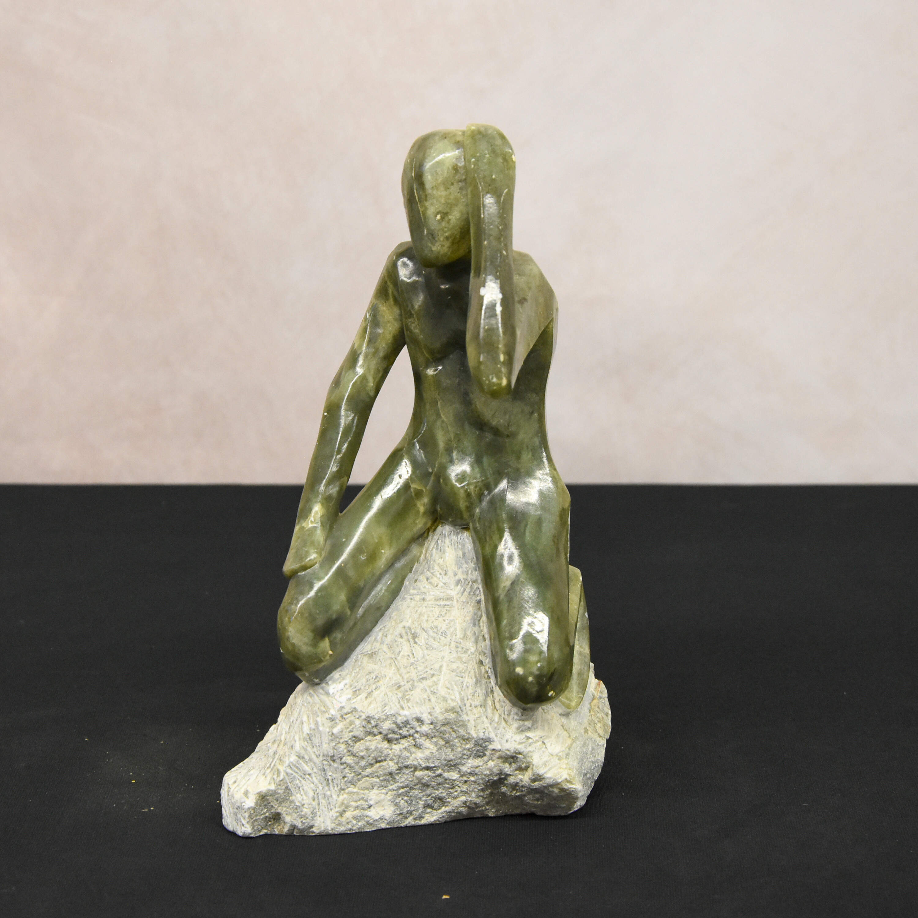 Brazilian Mineiro Craftsmanship Center Green Carved Stone Figure Sculpture-1