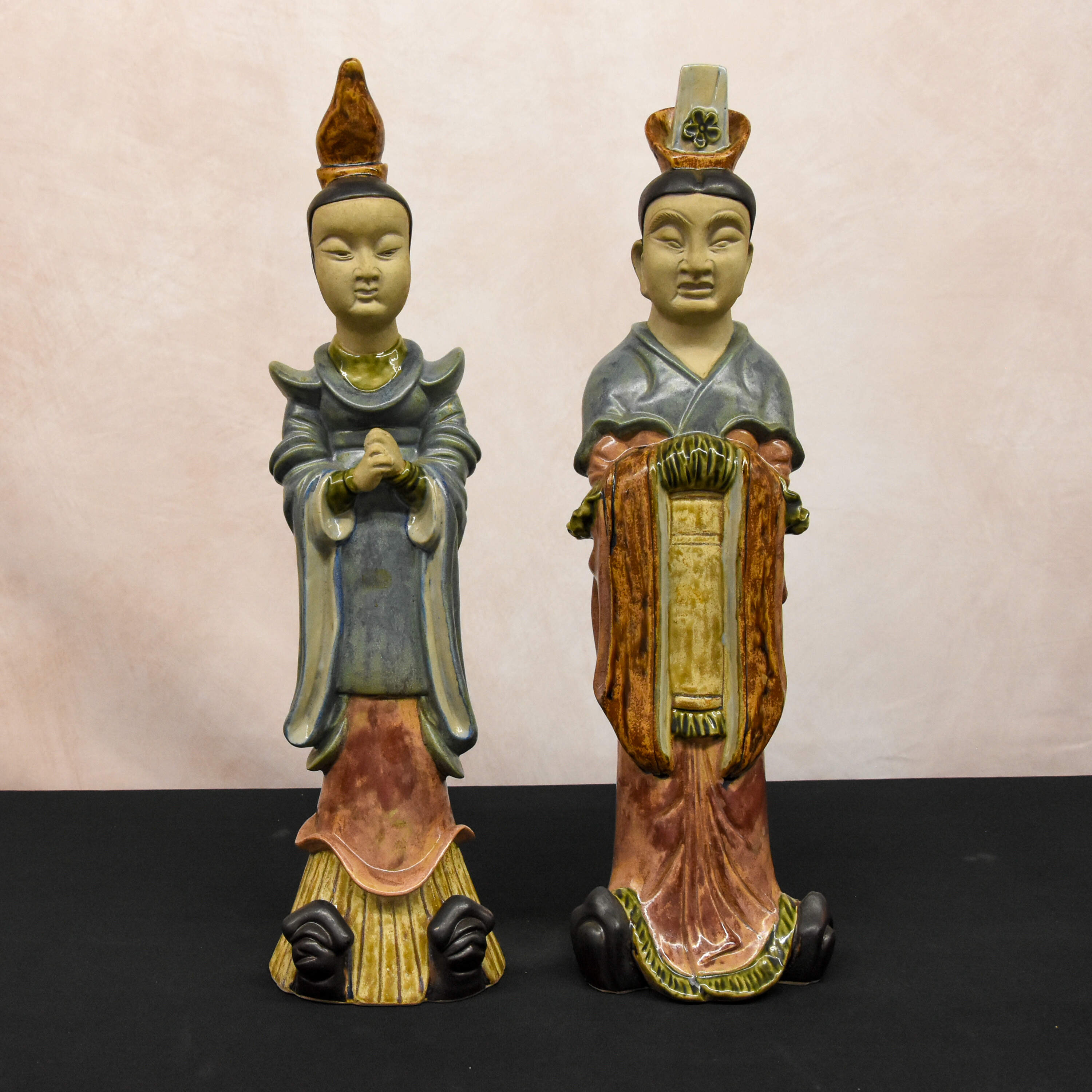 Pair of Chinese Pottery Male and Female Figures-1