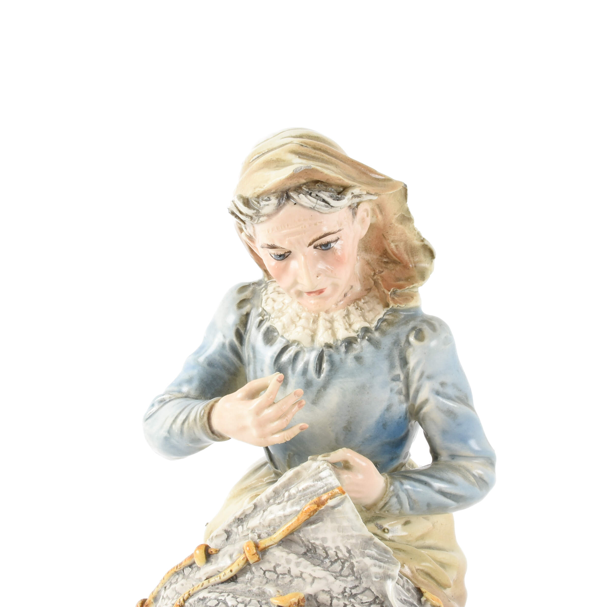 Signed Italian Old Woman Mending a Fishing Net Figure-4