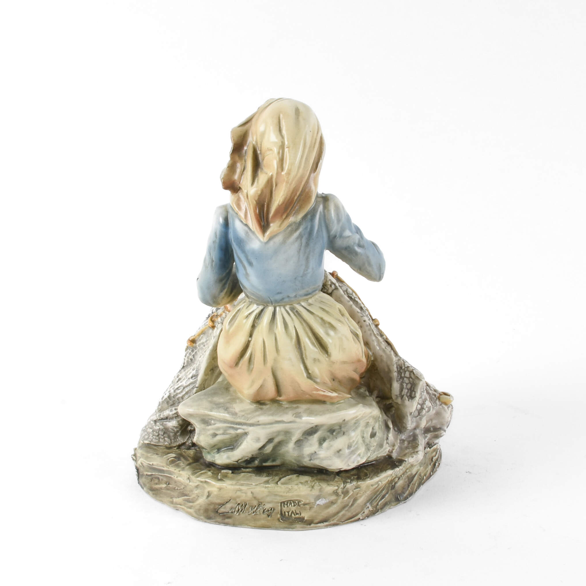Signed Italian Old Woman Mending a Fishing Net Figure-3