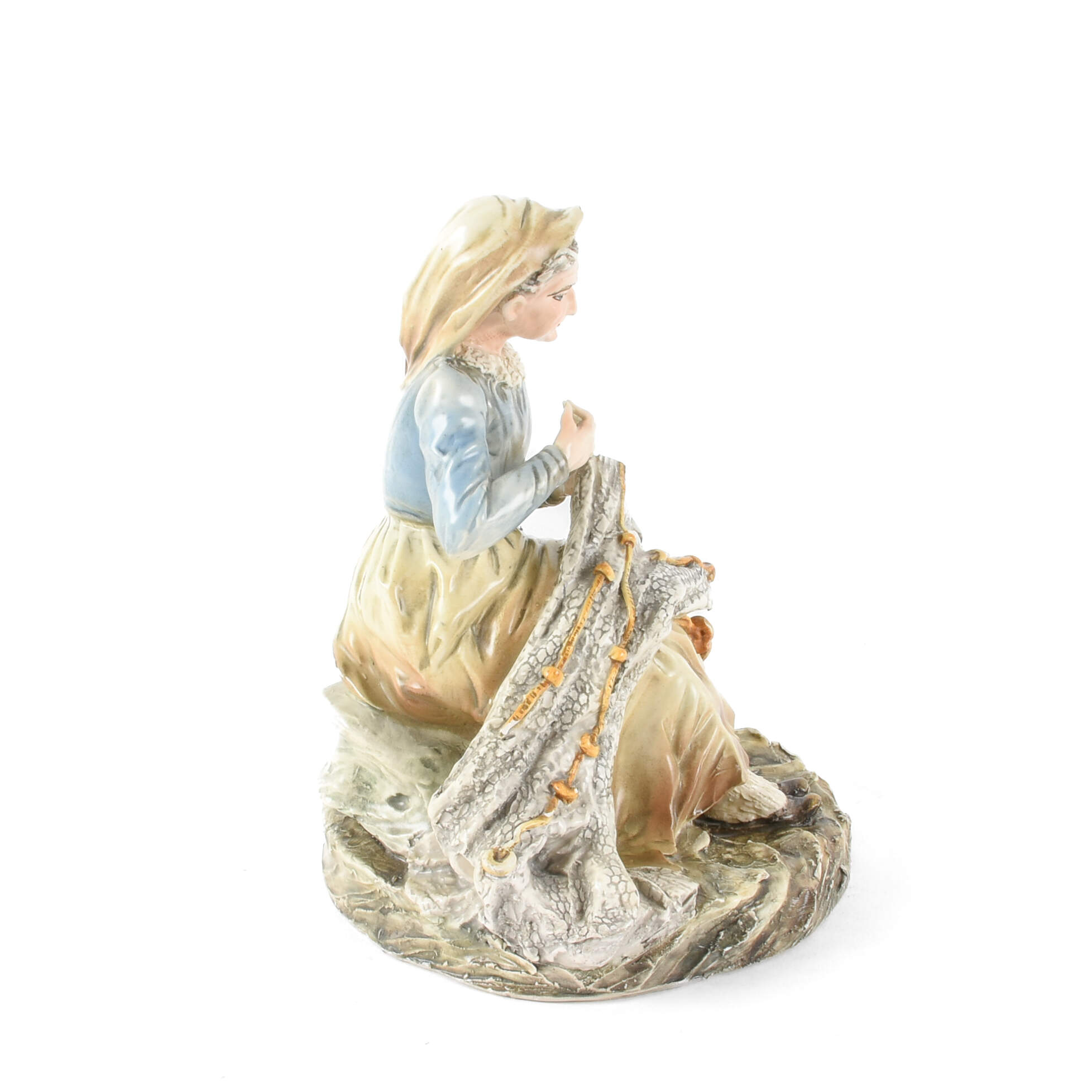 Signed Italian Old Woman Mending a Fishing Net Figure-2