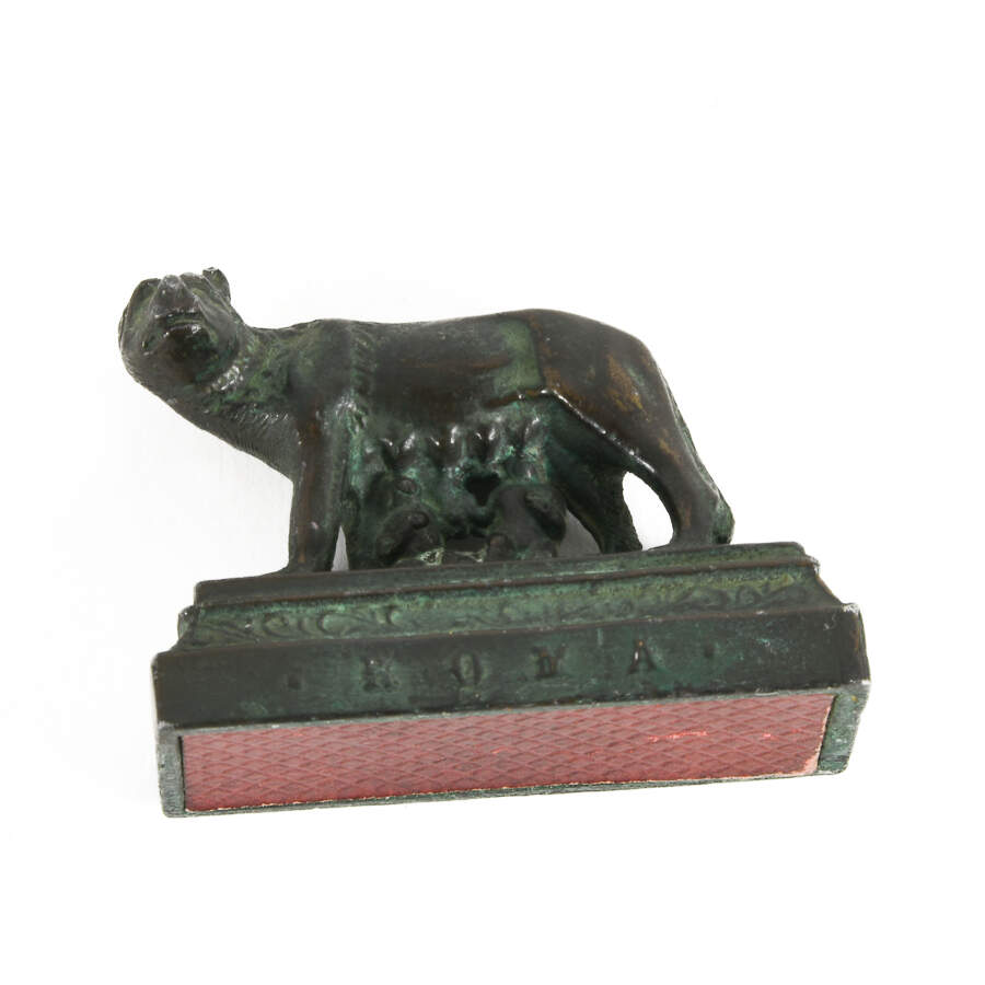 Miniature Metal Match Strike Sculpture of a She Wolf Feeding Roman Twins-7
