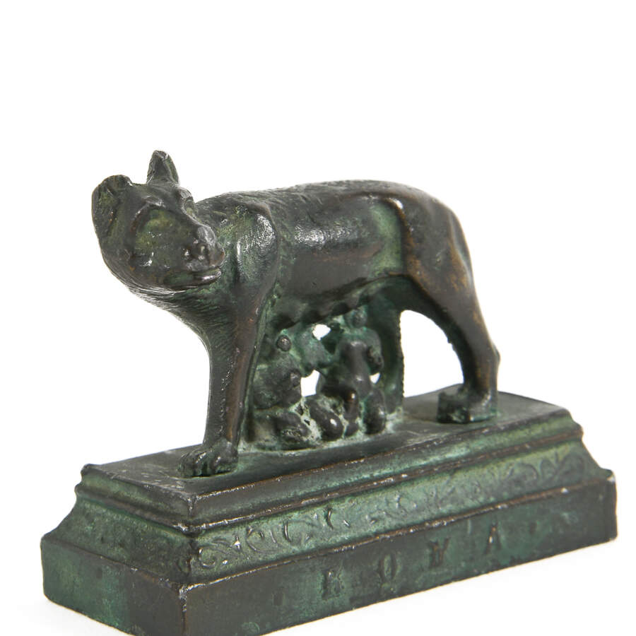 Miniature Metal Match Strike Sculpture of a She Wolf Feeding Roman Twins-5