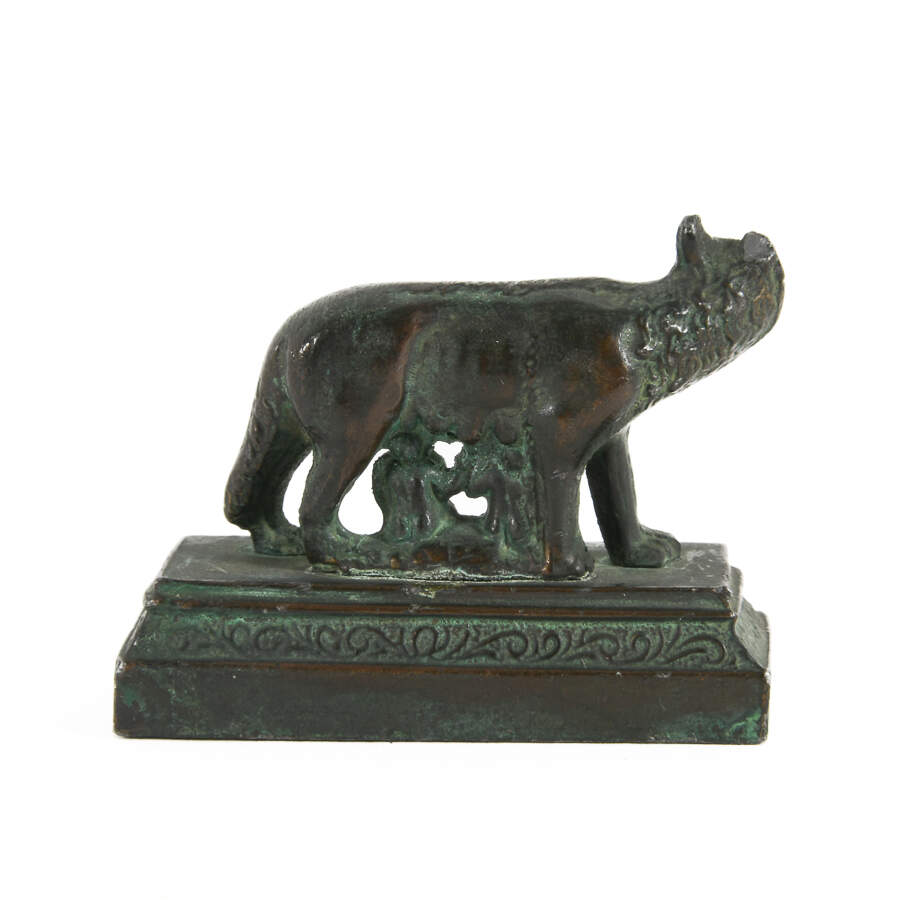 Miniature Metal Match Strike Sculpture of a She Wolf Feeding Roman Twins-3