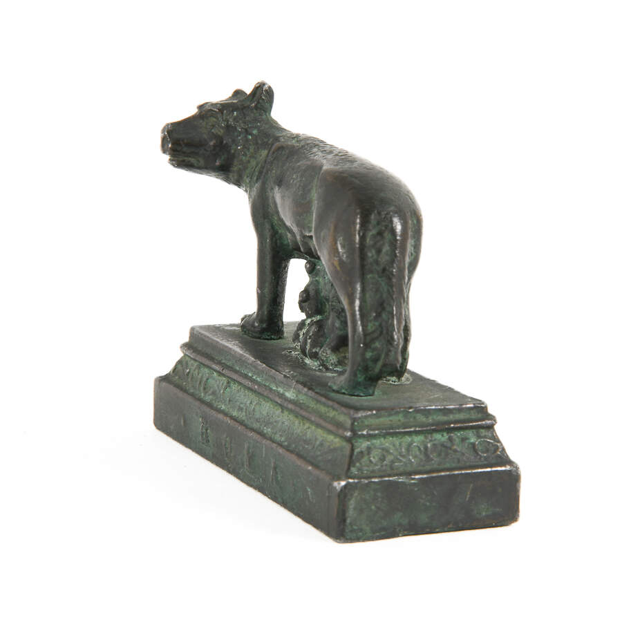 Miniature Metal Match Strike Sculpture of a She Wolf Feeding Roman Twins-2