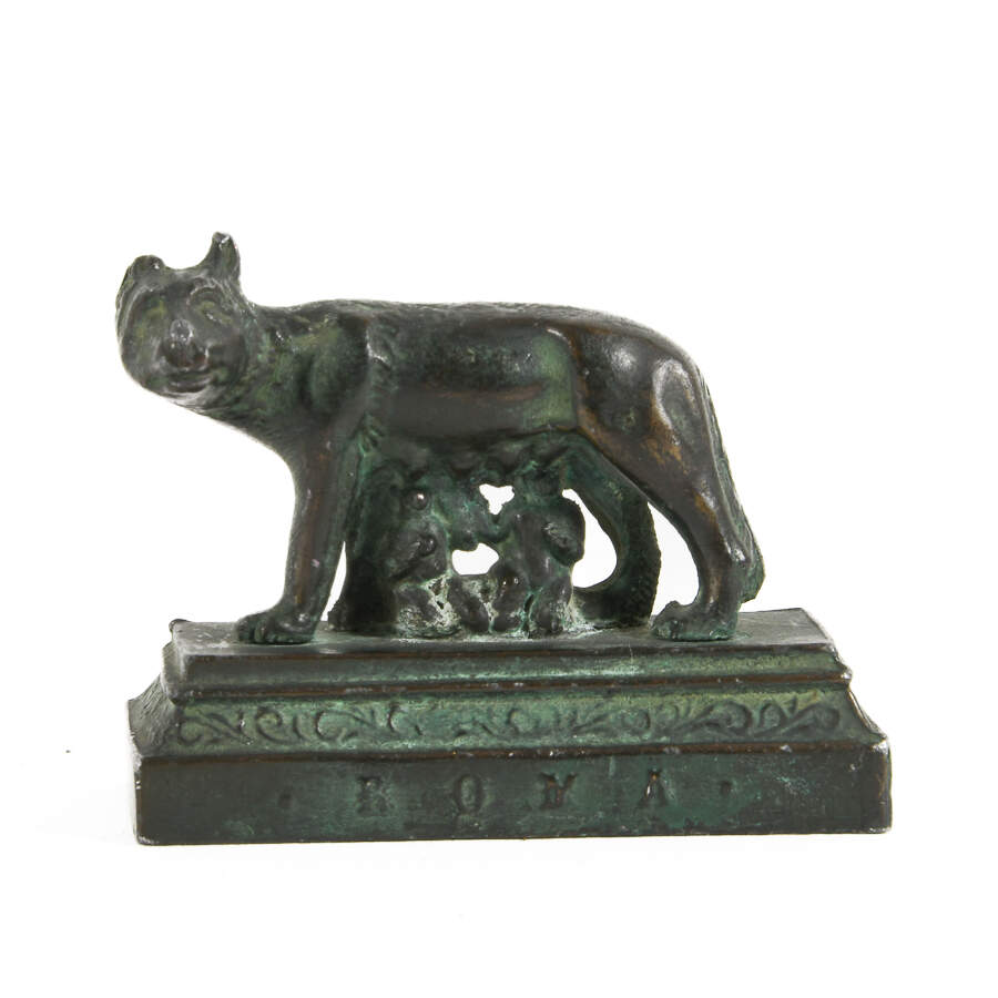 Miniature Metal Match Strike Sculpture of a She Wolf Feeding Roman Twins-1