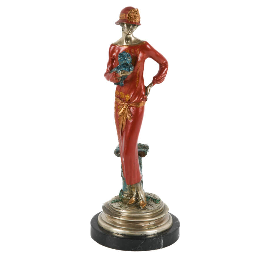 Cold Painted Statuette of an Art Deco-Style Woman and Her Dog-1