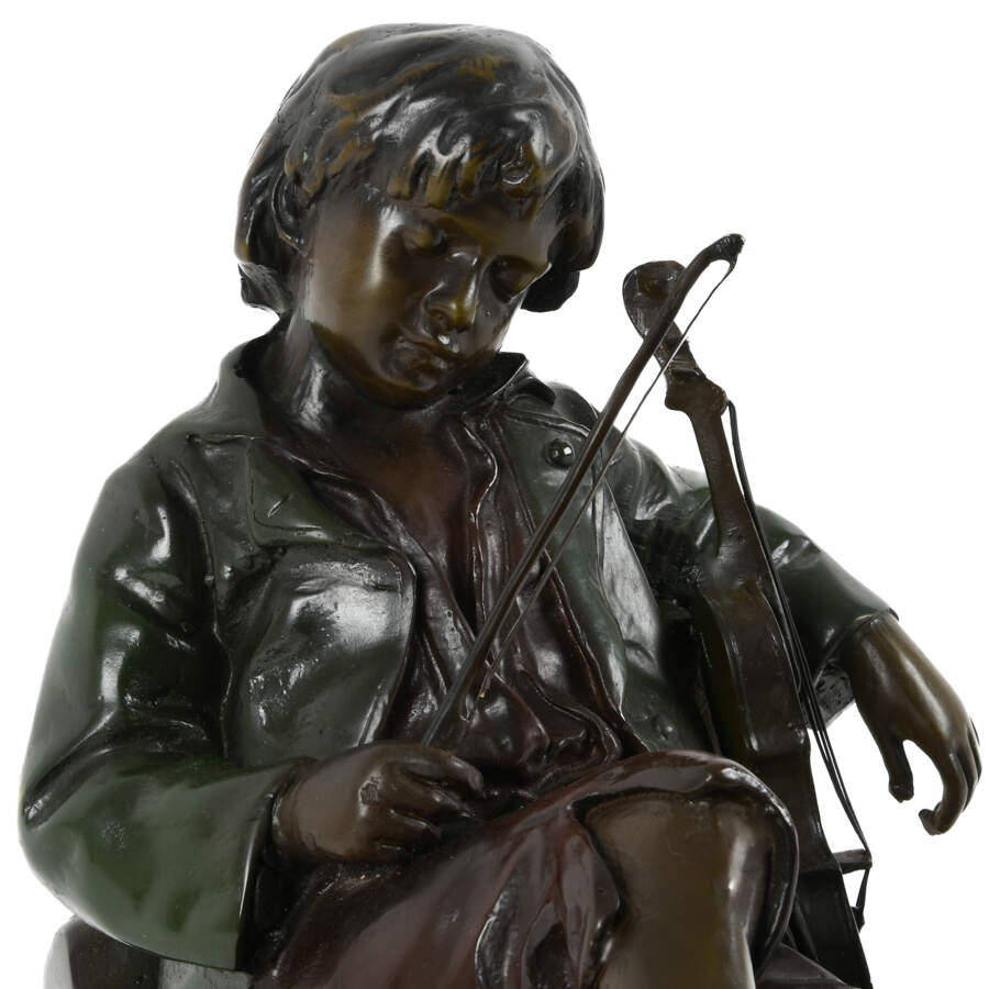 Antique Bronze Idle Fiddler Statue on Marble Base After Leon Tharel-5