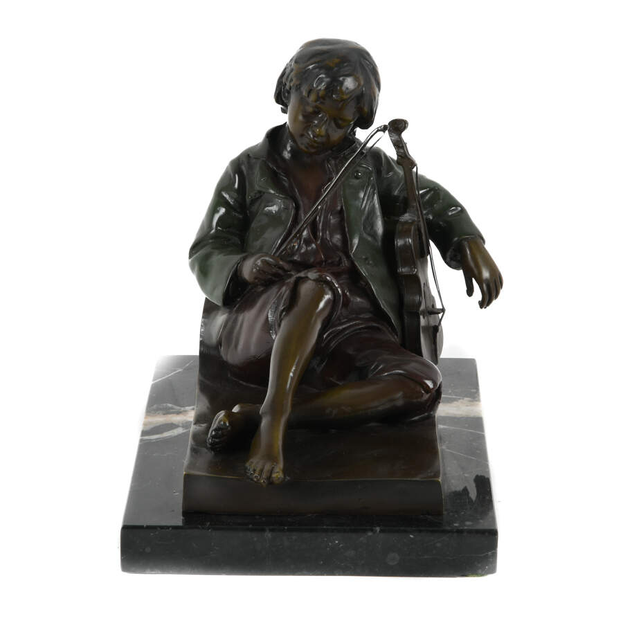 Antique Bronze Idle Fiddler Statue on Marble Base After Leon Tharel-1