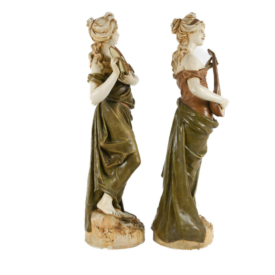 Signed Pair of Art Nouveau Porcelain Lady Statues-4