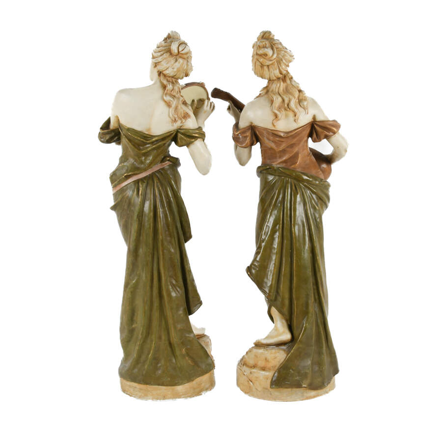 Signed Pair of Art Nouveau Porcelain Lady Statues-3