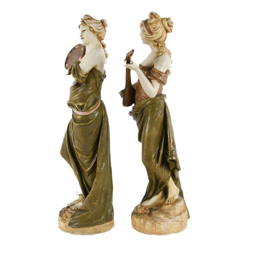 Signed Pair of Art Nouveau Porcelain Lady Statues-2