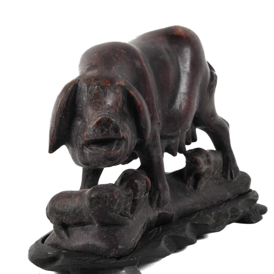 Carved Stone Sow and Piglets Sculpture on Base-5