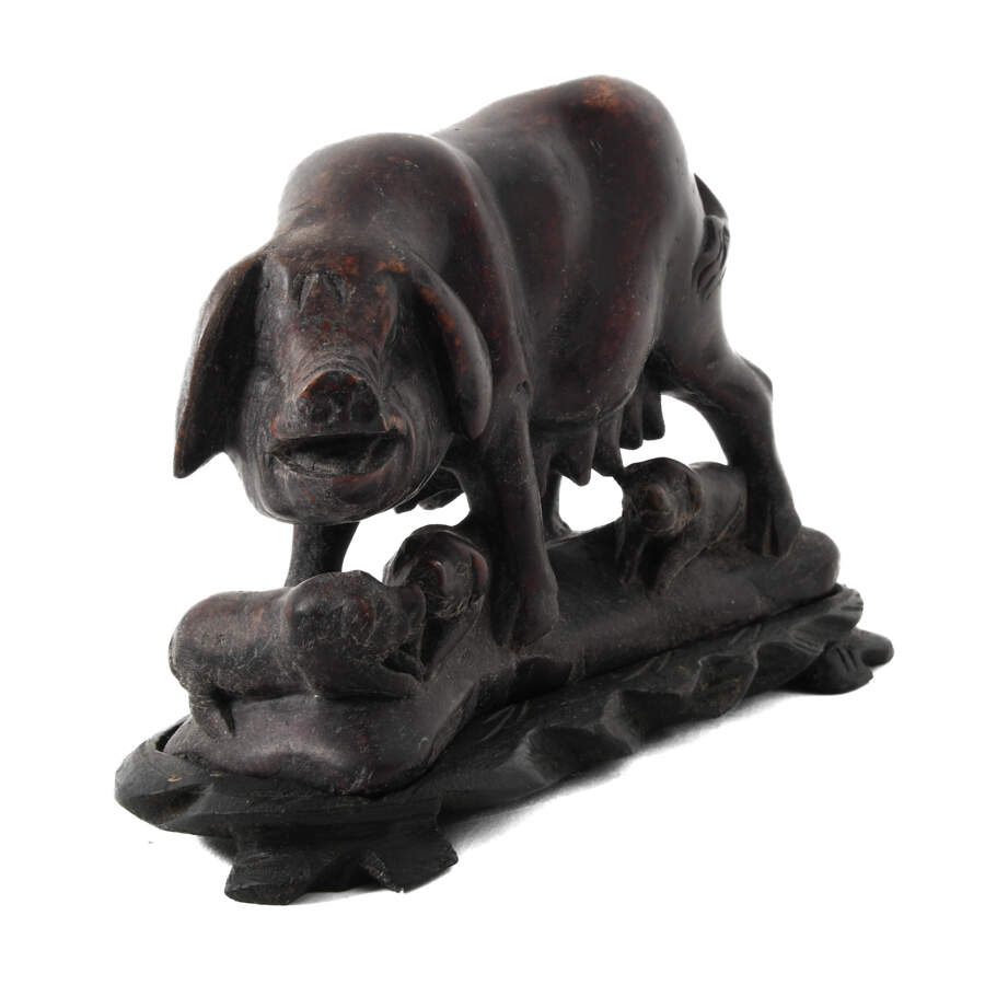 Carved Stone Sow and Piglets Sculpture on Base-4