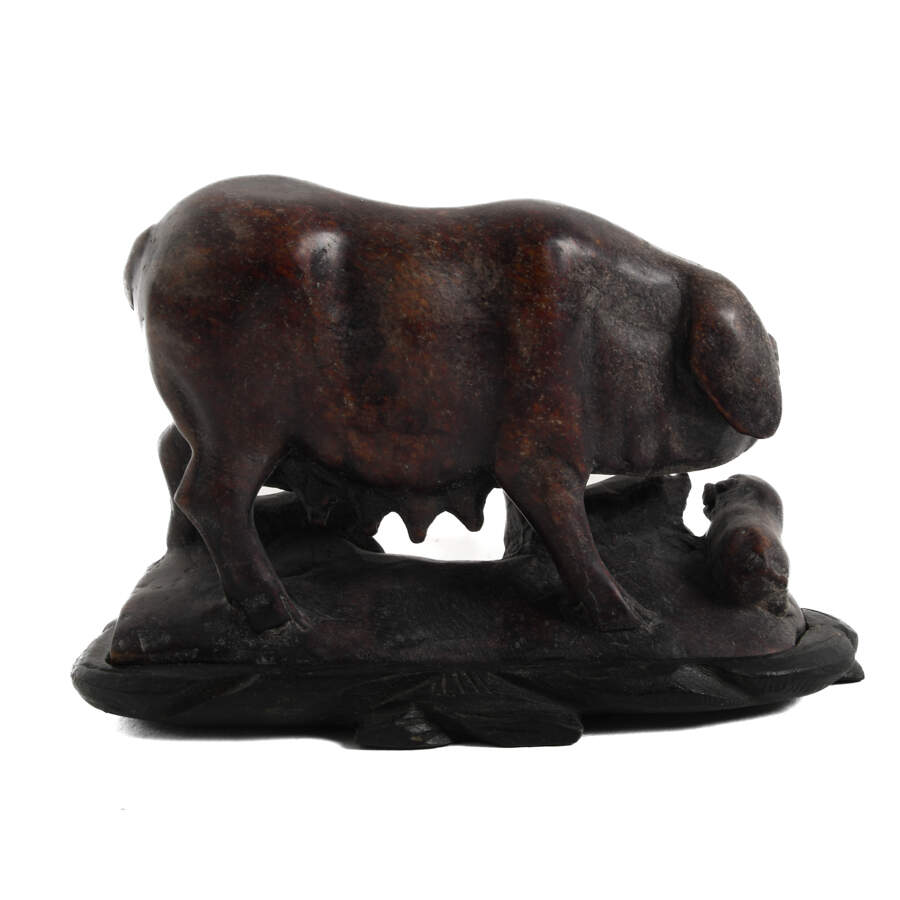 Carved Stone Sow and Piglets Sculpture on Base-3