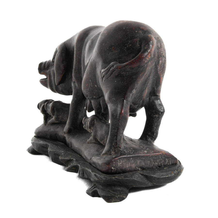 Carved Stone Sow and Piglets Sculpture on Base-2