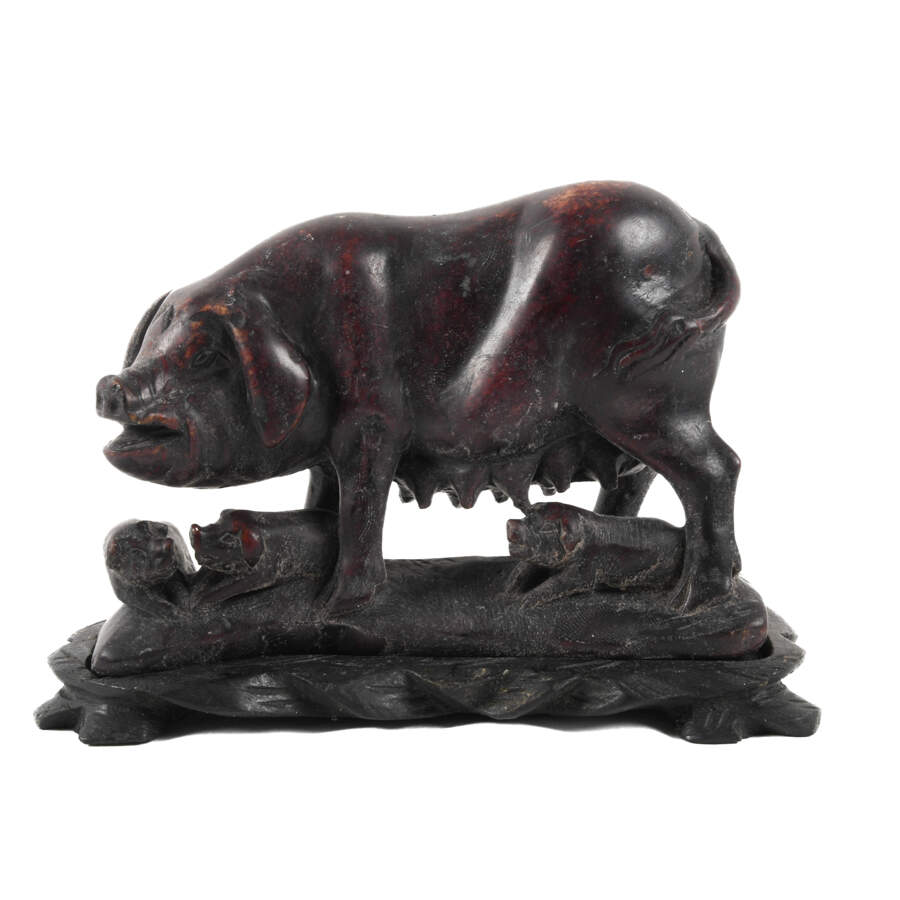 Carved Stone Sow and Piglets Sculpture on Base-1