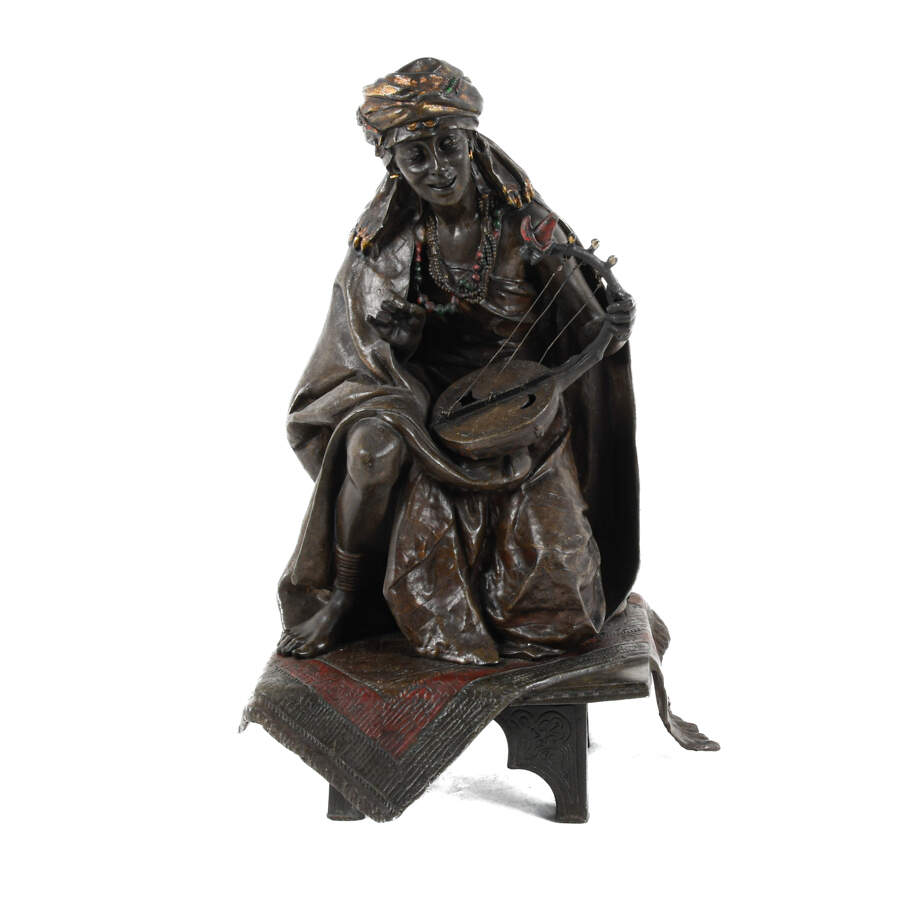 Orientalist Vienna Bronze Statue of a Musician Signed by Arthur Waagen-1