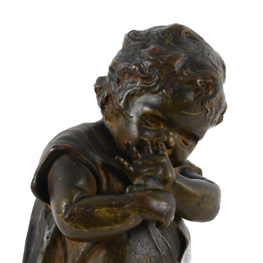 Signed Juan Clara Ayats's "Child on Stool" Bronze Sculpture-5