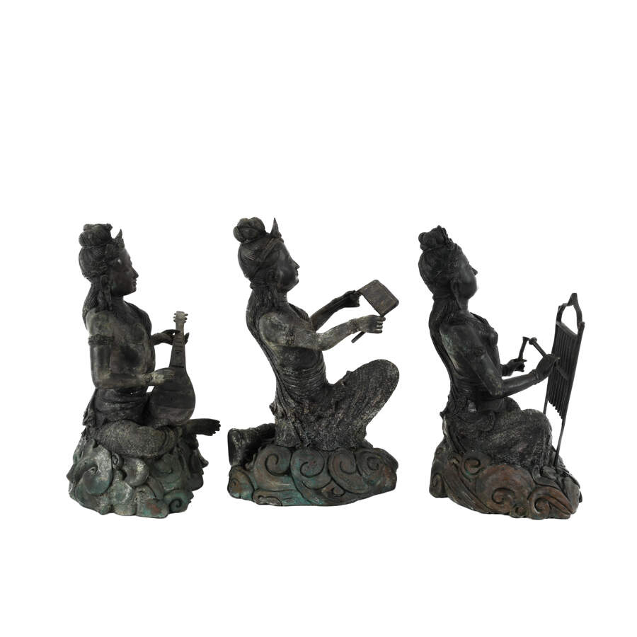 Bronze Group of Three Thai Women Musicians Seated Sculpture-4