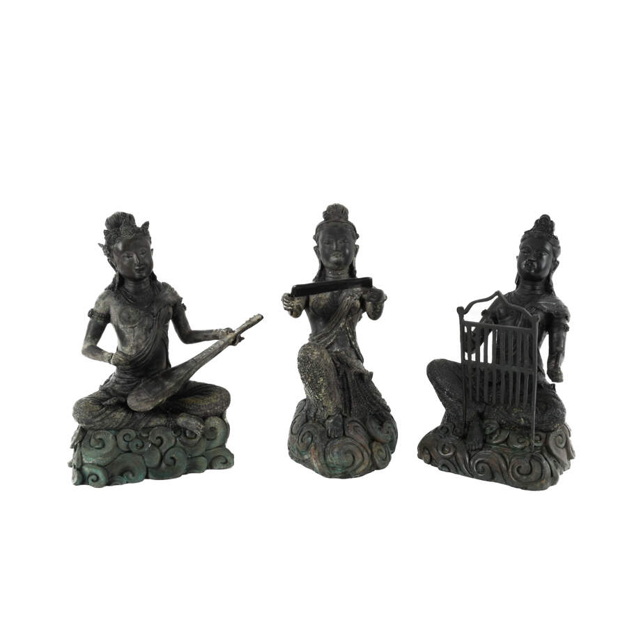 Bronze Group of Three Thai Women Musicians Seated Sculpture-1