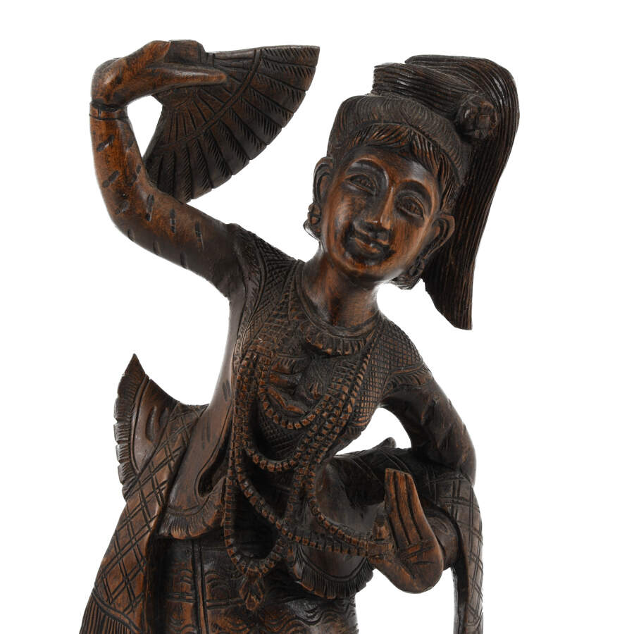 Antique Carved Wooden Burma Dancing Girl Statue-2