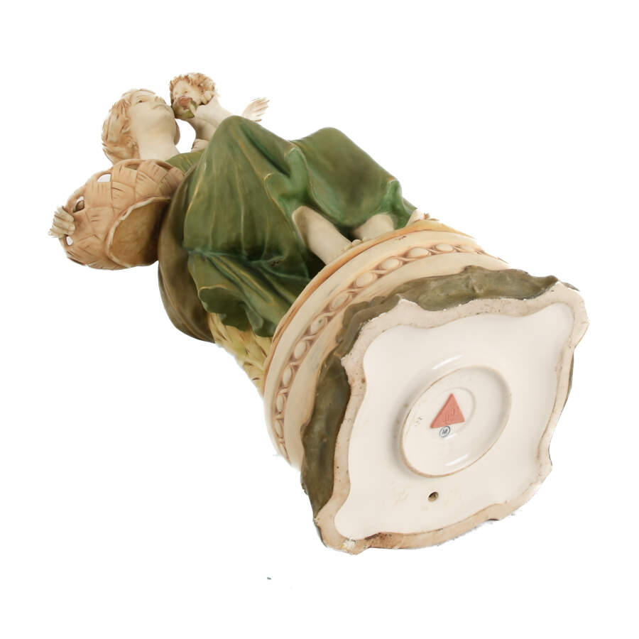 Antique Royal Dux Porcelain Seated Maiden and Putti Sculpture-8