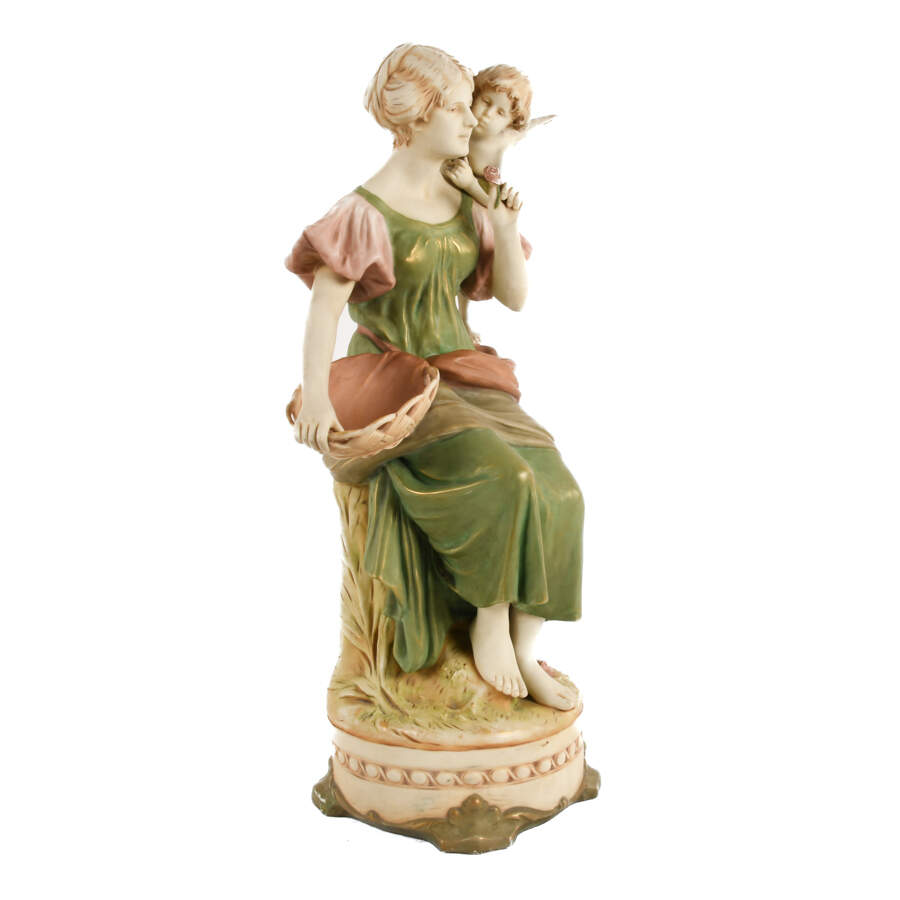 Antique Royal Dux Porcelain Seated Maiden and Putti Sculpture-5