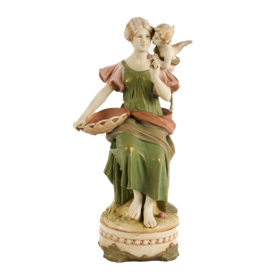Antique Royal Dux Porcelain Seated Maiden and Putti Sculpture-1