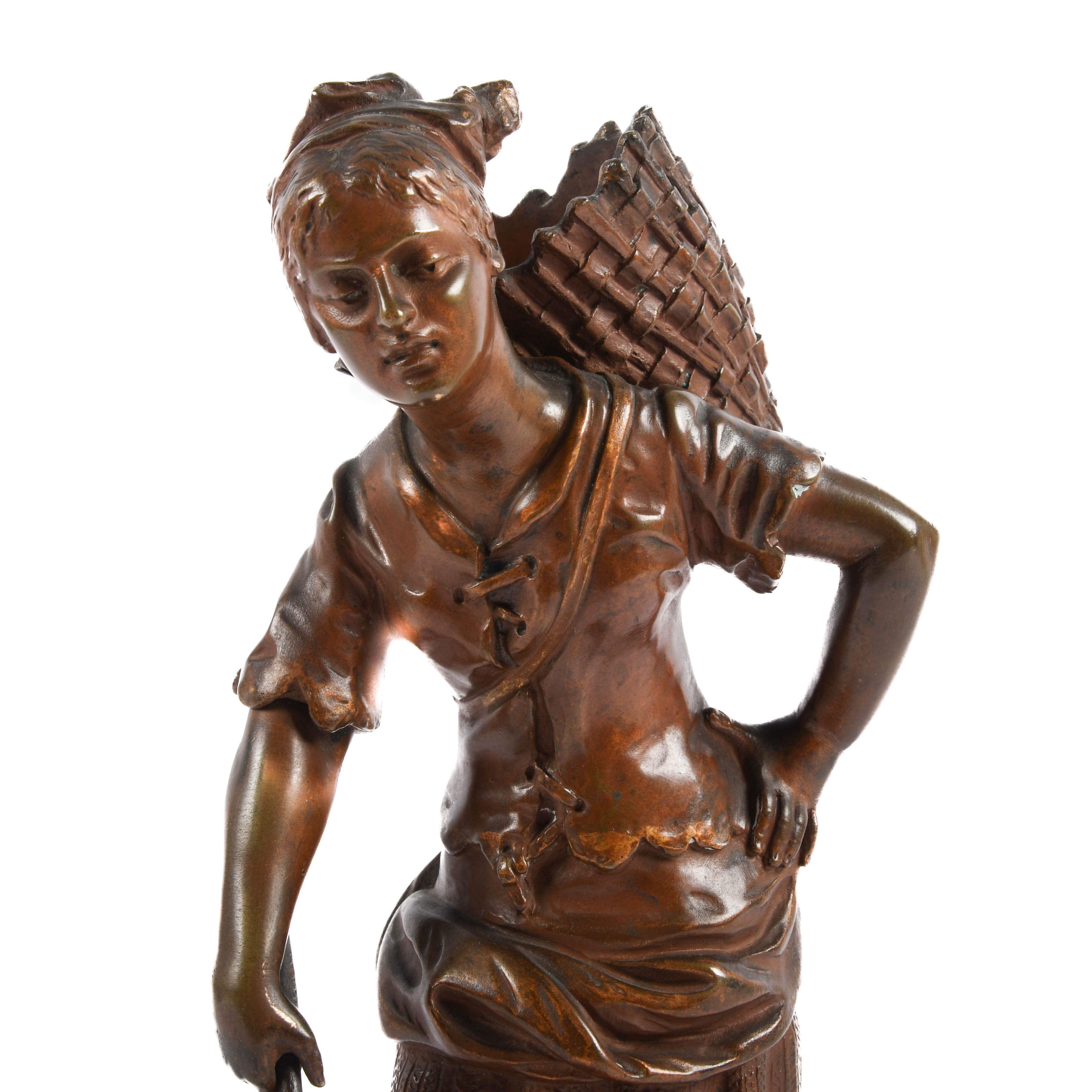 Signed Emile Laporte Woman with Basket Bronze Sculpture-2