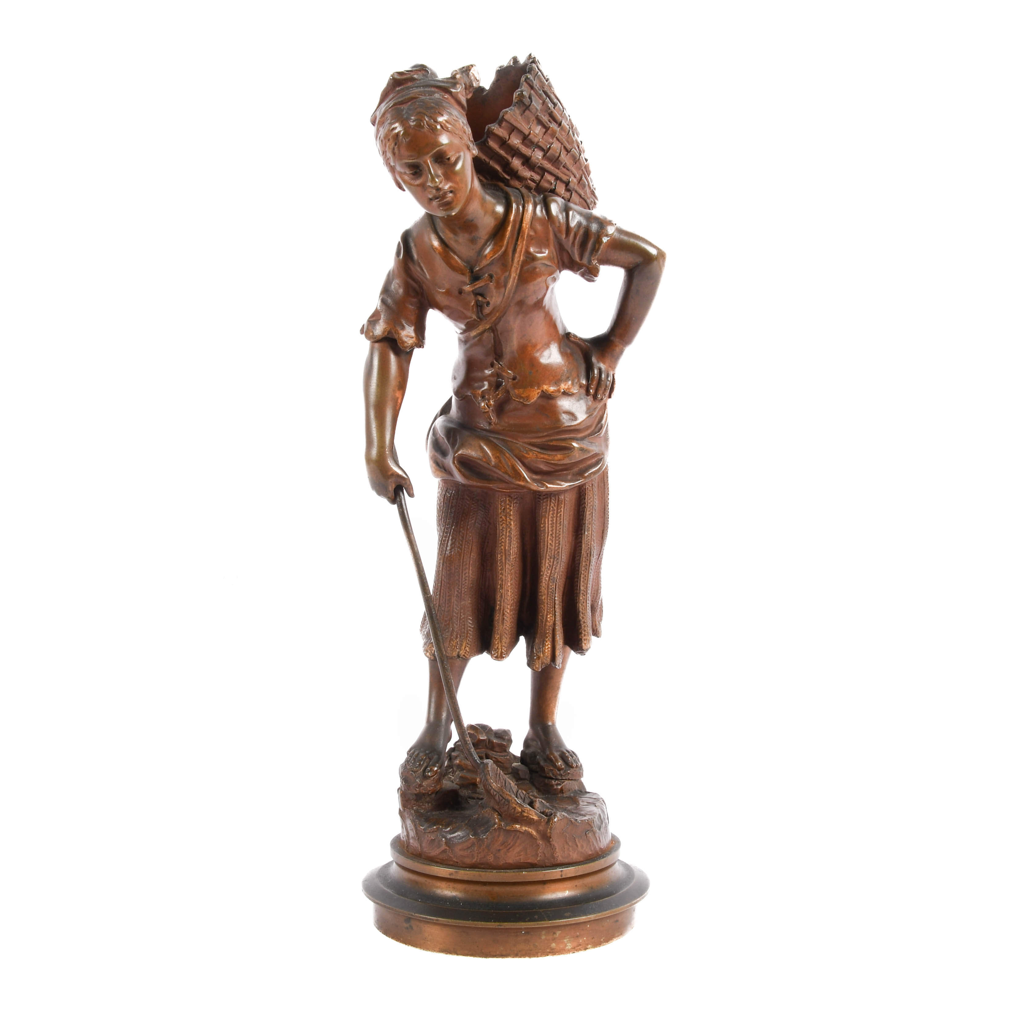Signed Emile Laporte Woman with Basket Bronze Sculpture-1