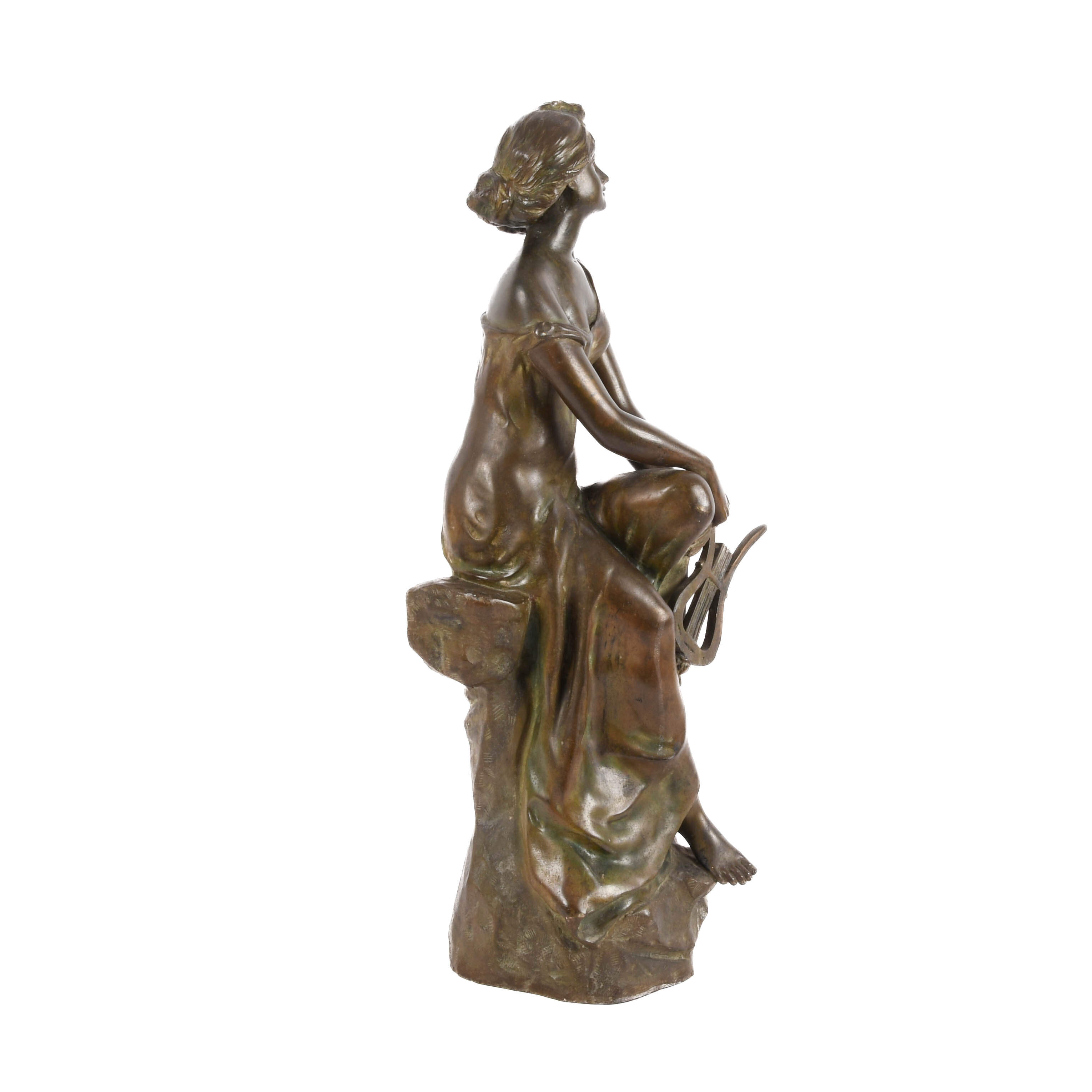 Pierre E. Daniel Campagne Bronze Seated Female with Lyra Sculpture-5