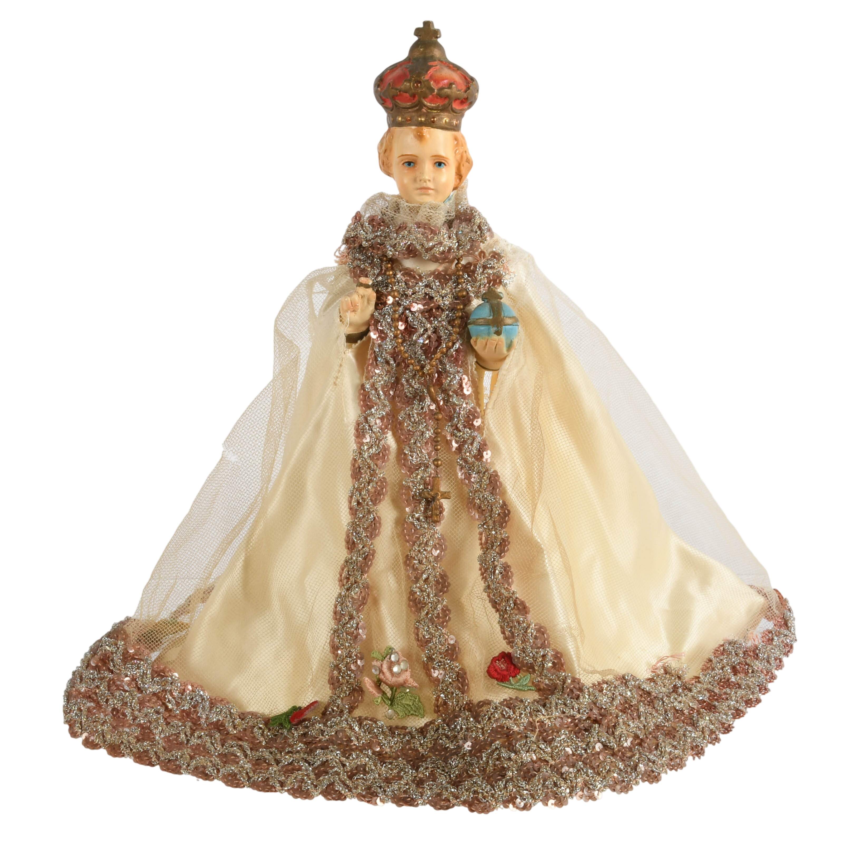 Mid-Century Jesus of Prague Chalkware Statue-5