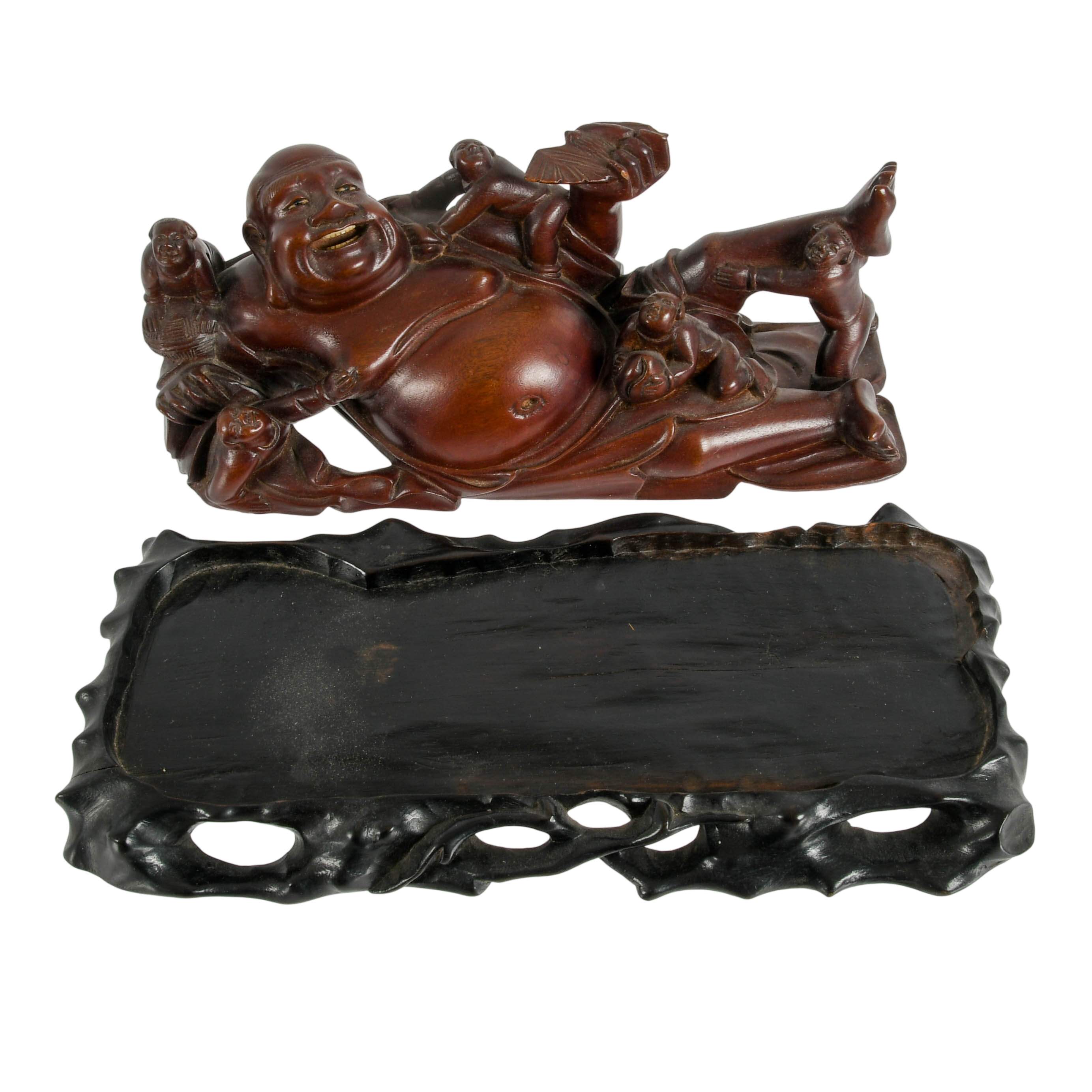 Carved Wooden Laughing Buddha Sculpture on Base-8