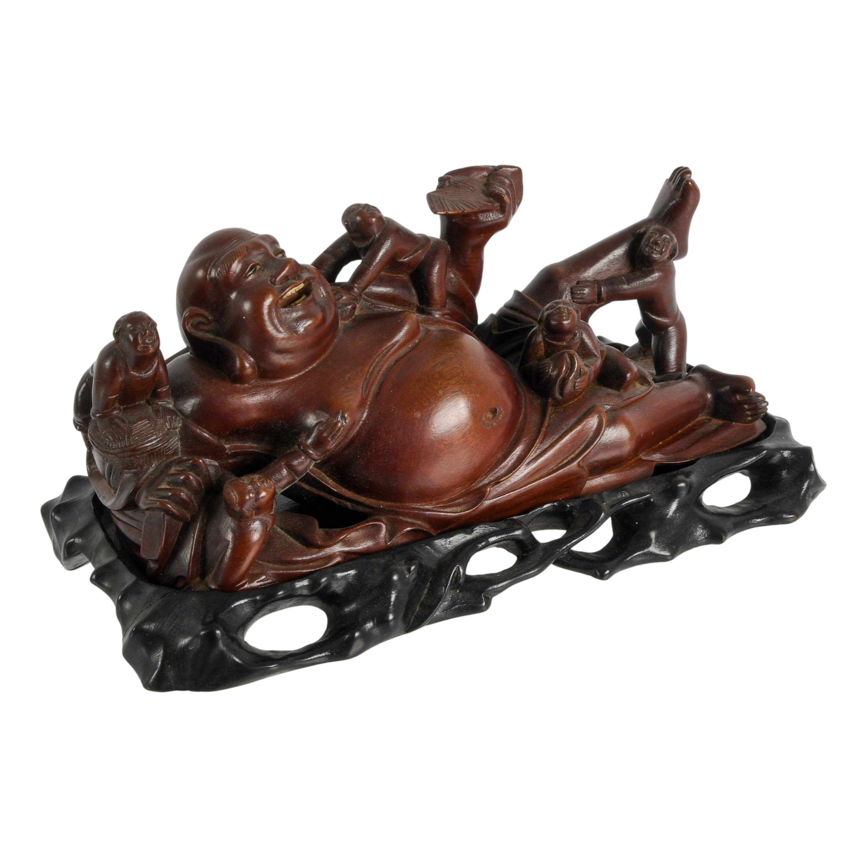 Carved Wooden Laughing Buddha Sculpture on Base-7