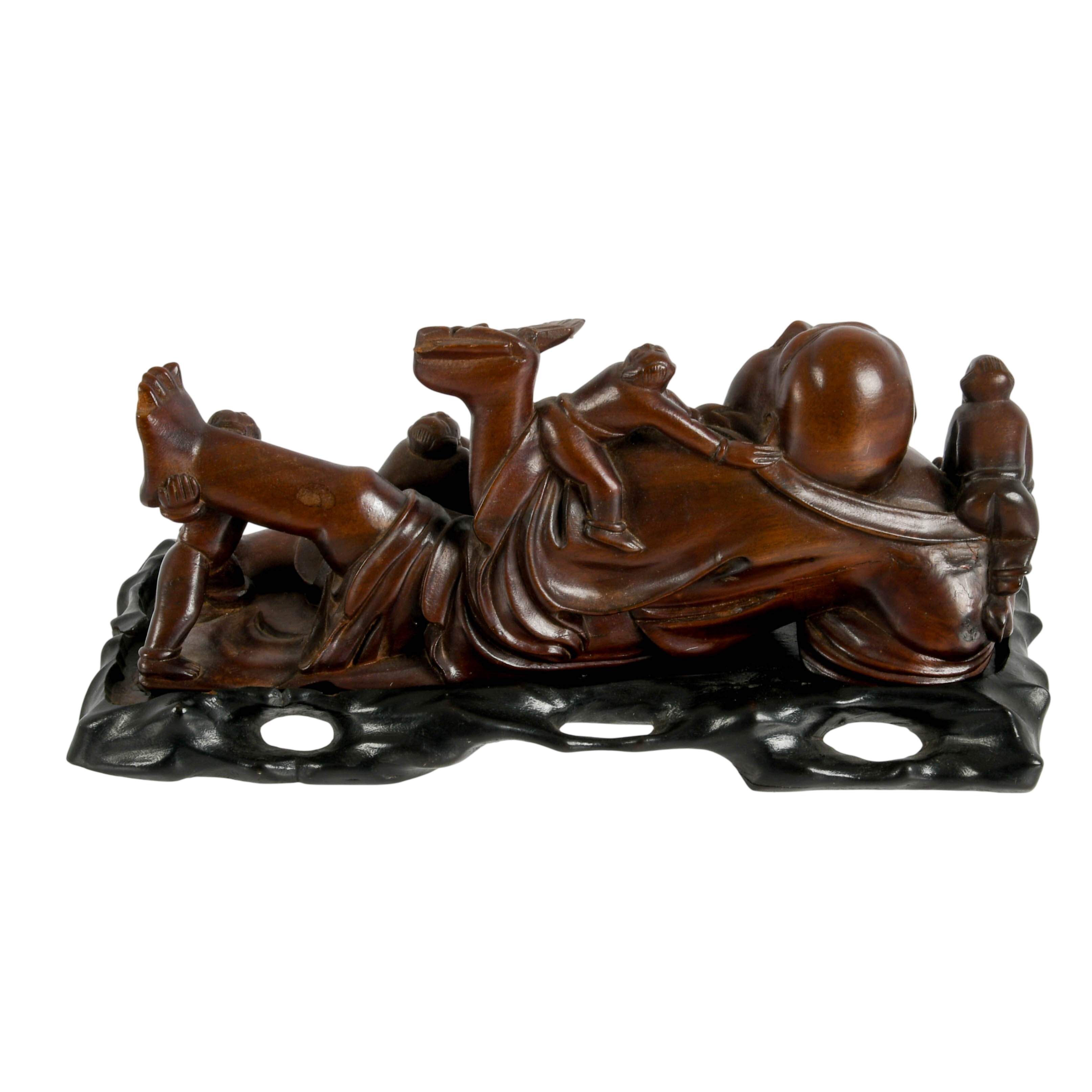 Carved Wooden Laughing Buddha Sculpture on Base-6