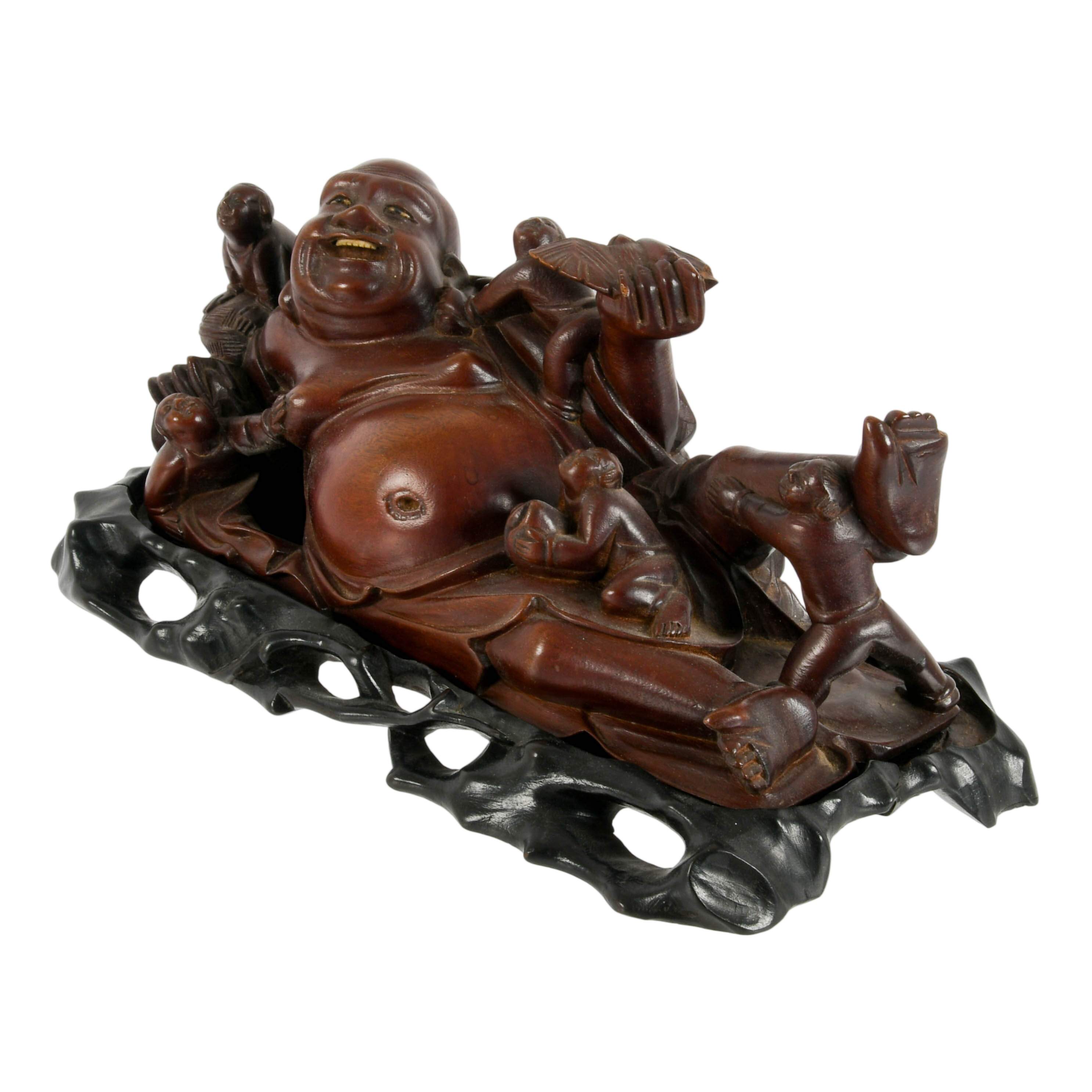 Carved Wooden Laughing Buddha Sculpture on Base-4