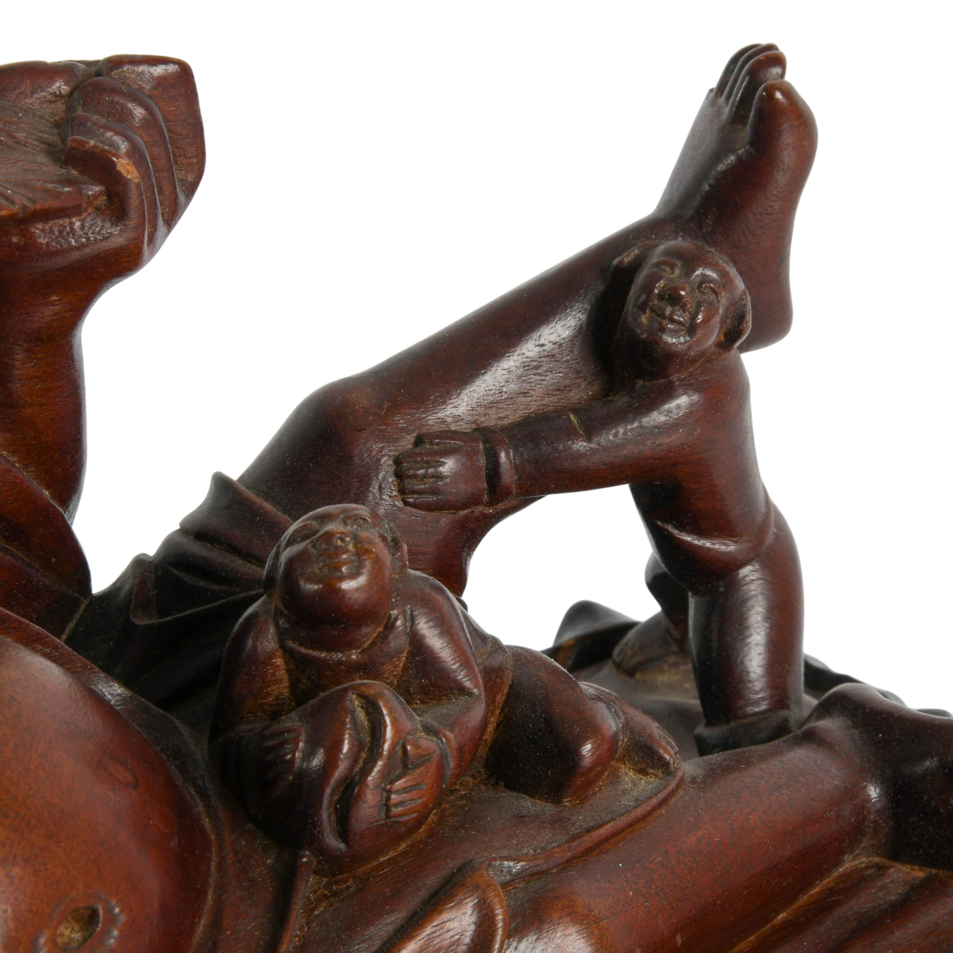 Carved Wooden Laughing Buddha Sculpture on Base-3