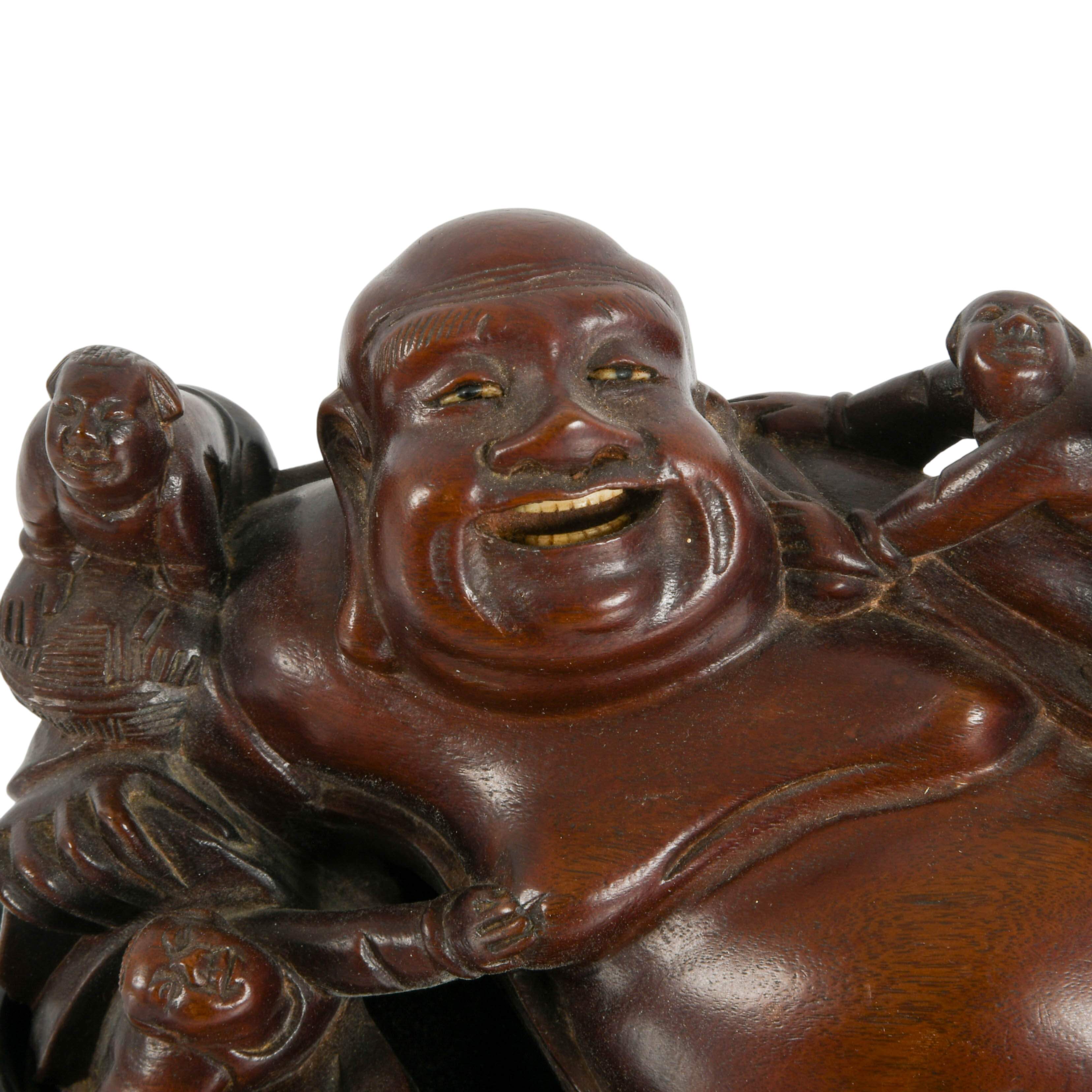 Carved Wooden Laughing Buddha Sculpture on Base-2