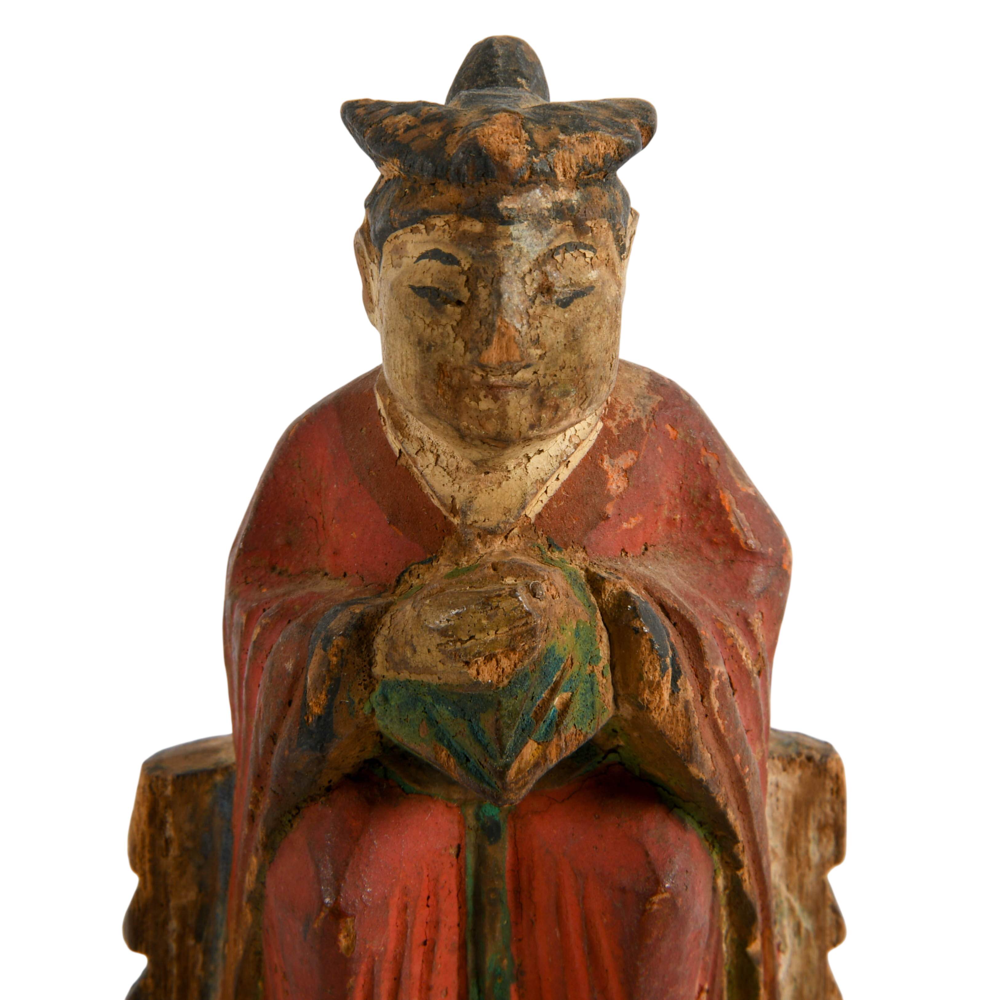 Pair of Antique Chinese Polychrome Carved Wood Altar Figures-4