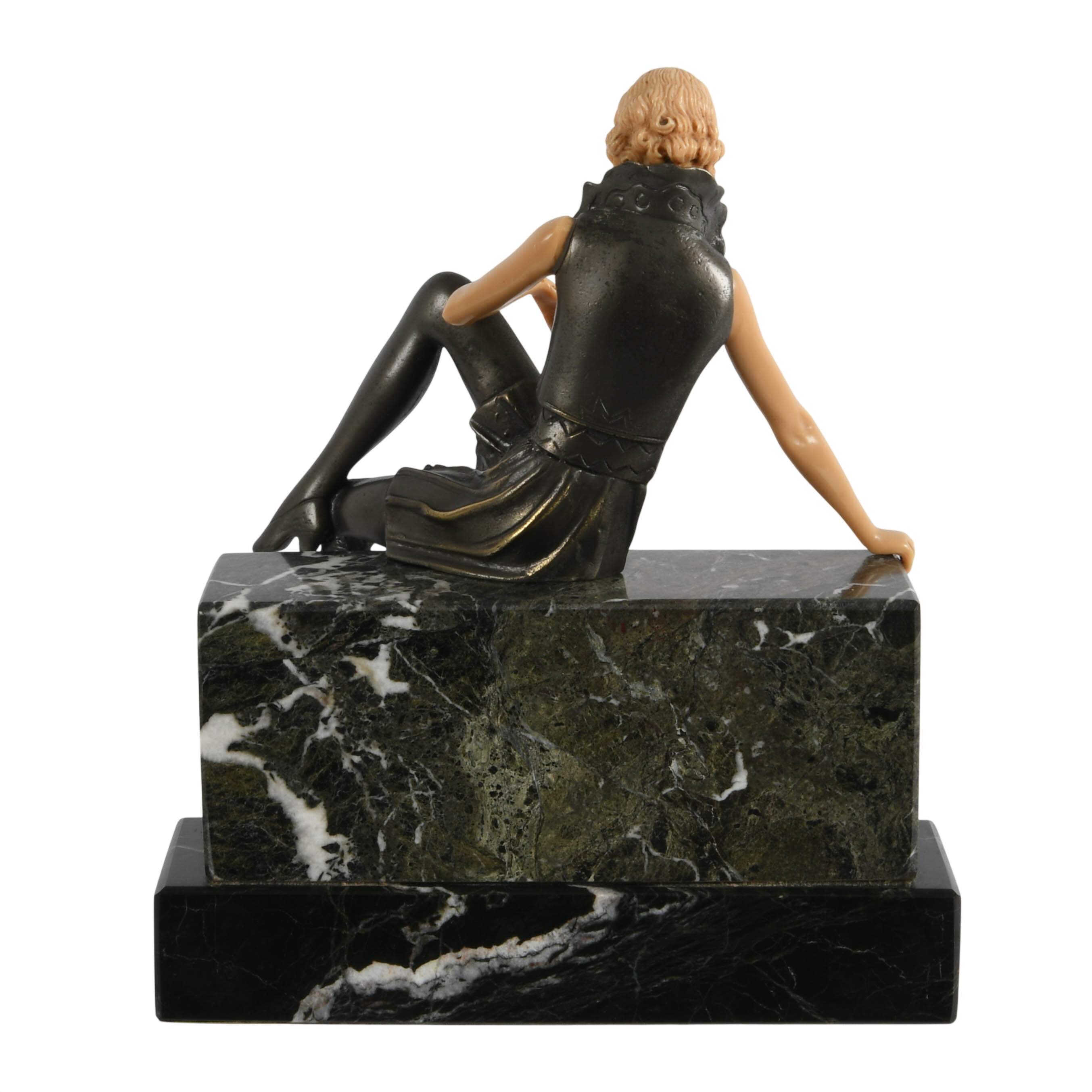 Bronze Celluloid and Onyx "Girl on a Wall" After Ferdinand Preiss-6