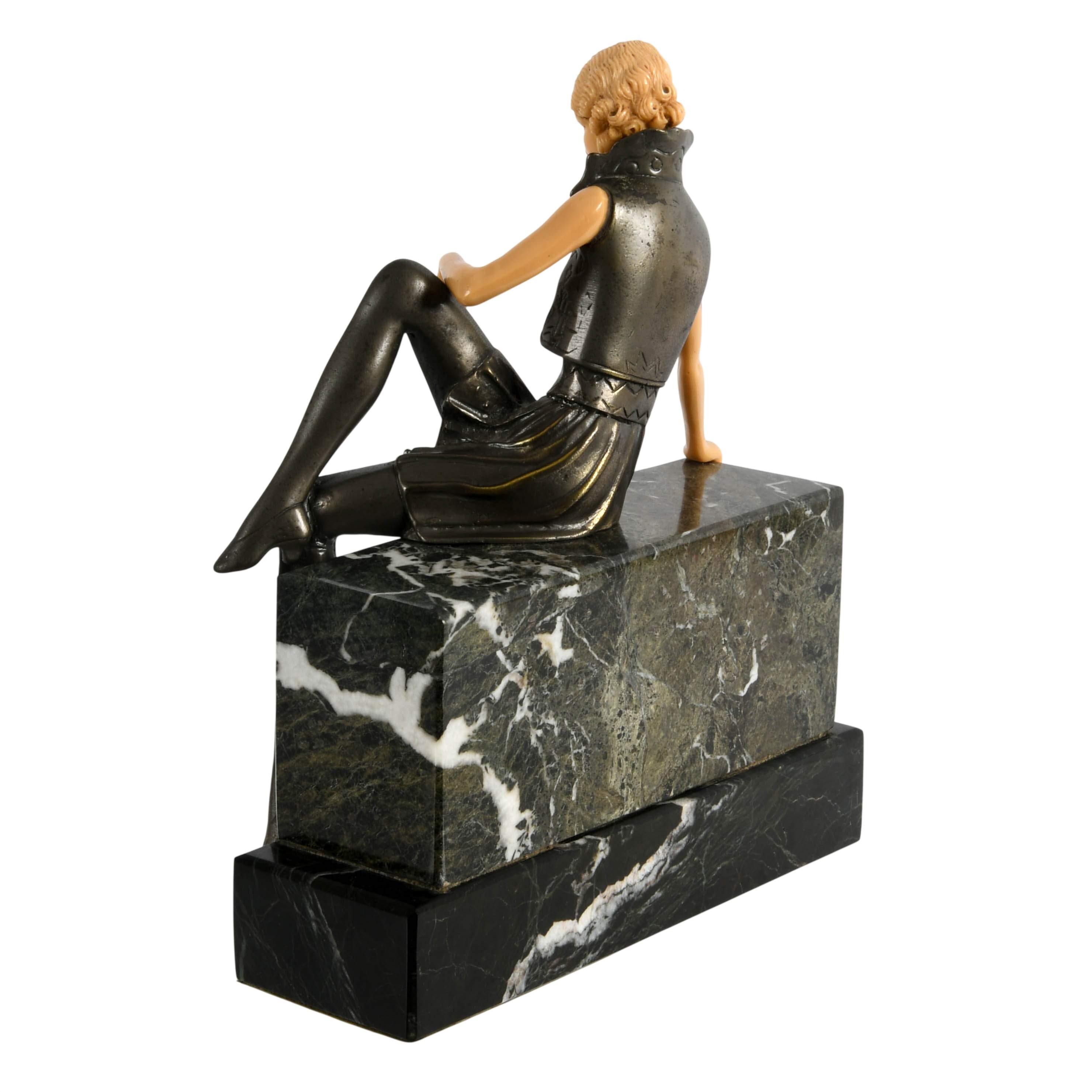 Bronze Celluloid and Onyx "Girl on a Wall" After Ferdinand Preiss-5