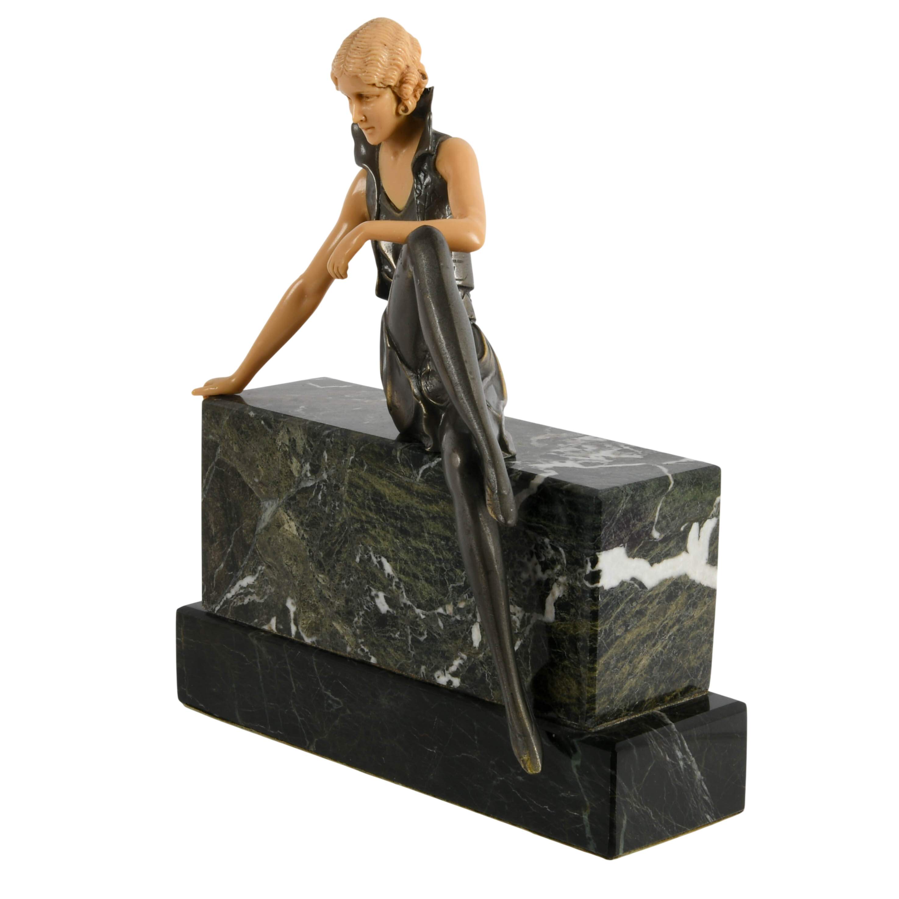 Bronze Celluloid and Onyx "Girl on a Wall" After Ferdinand Preiss-4