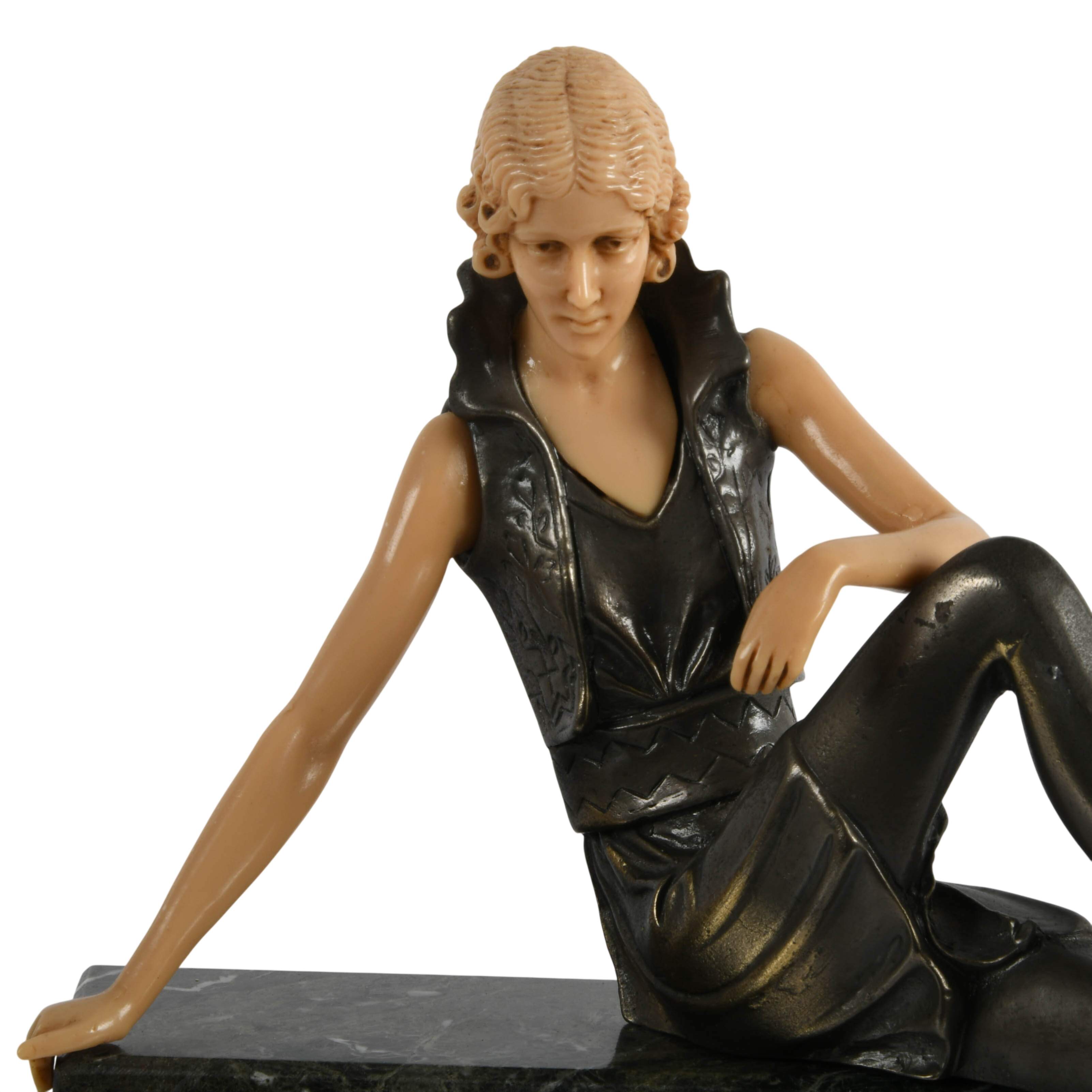 Bronze Celluloid and Onyx "Girl on a Wall" After Ferdinand Preiss-2