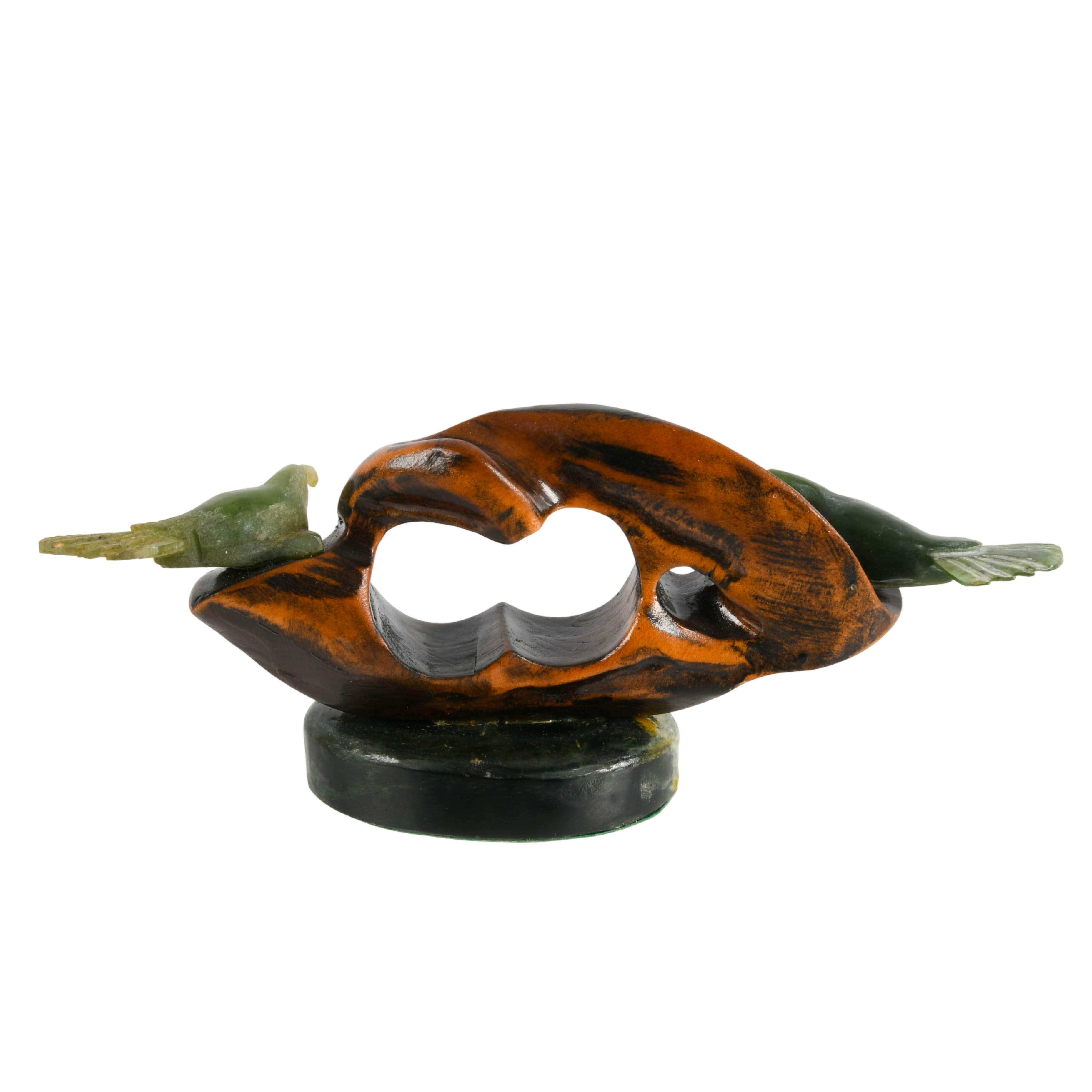 New Zealand Pounamu Greenstone Jade and Native Wood Huia Bird Sculpture-5
