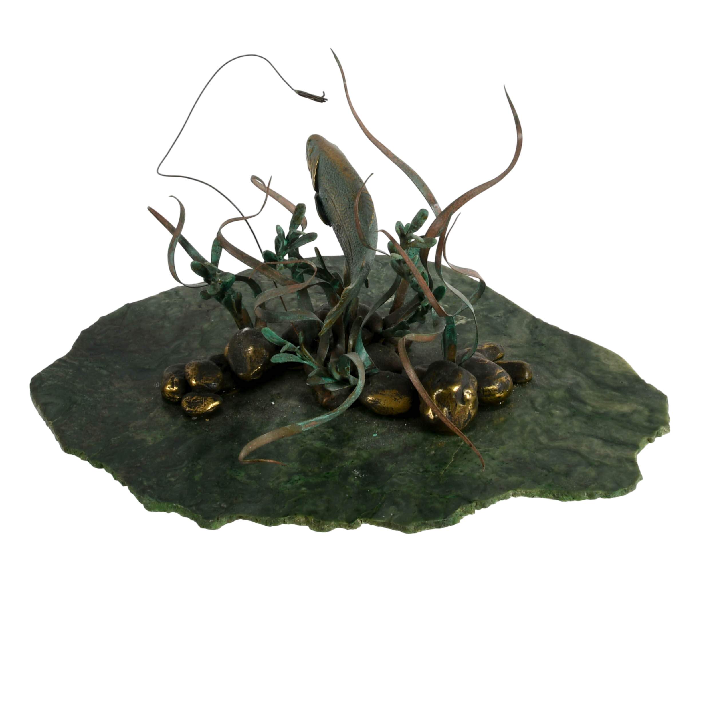 Limited-Edition Gregory Higgins Green Marble and Bronze Fish Sculpture-13