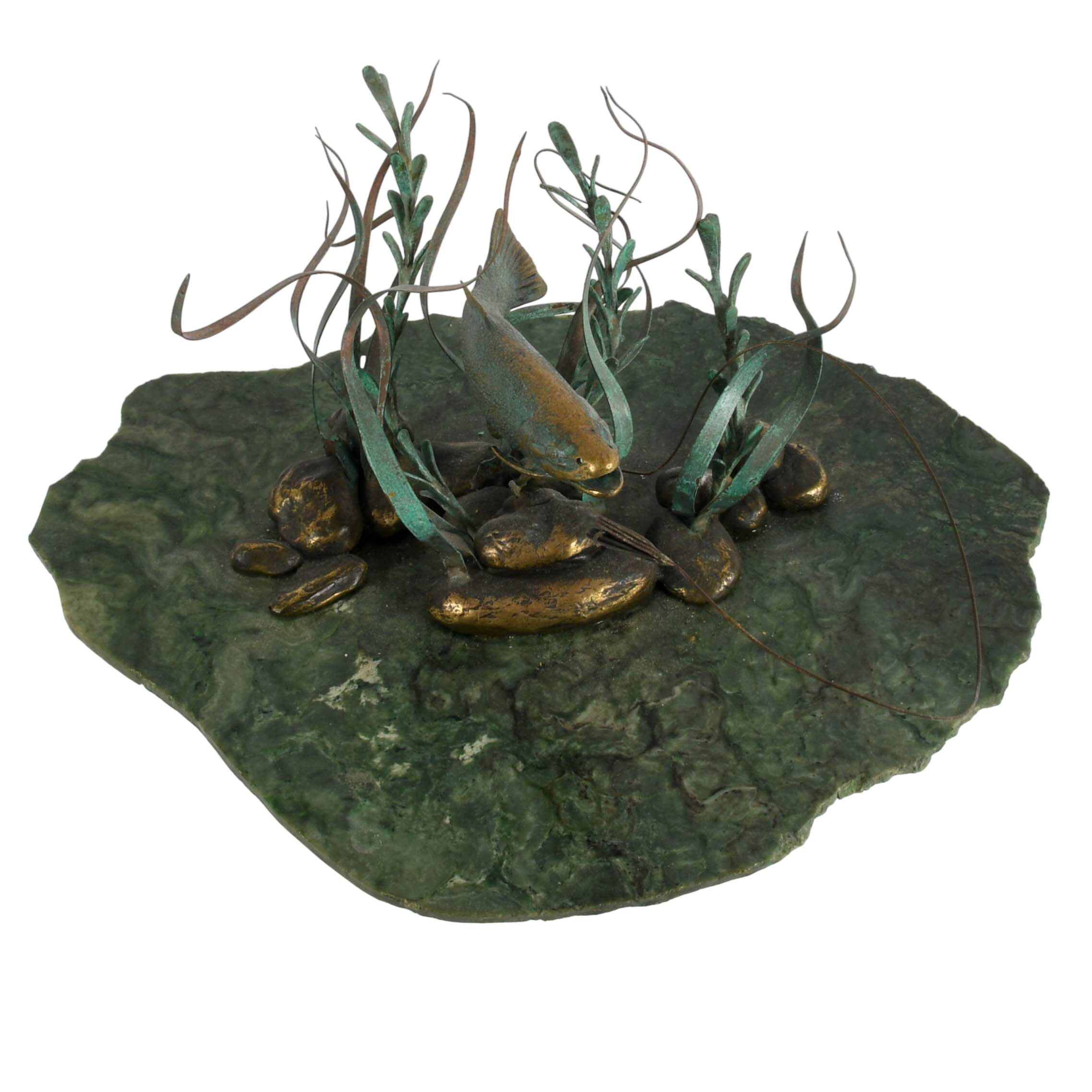 Limited-Edition Gregory Higgins Green Marble and Bronze Fish Sculpture-10