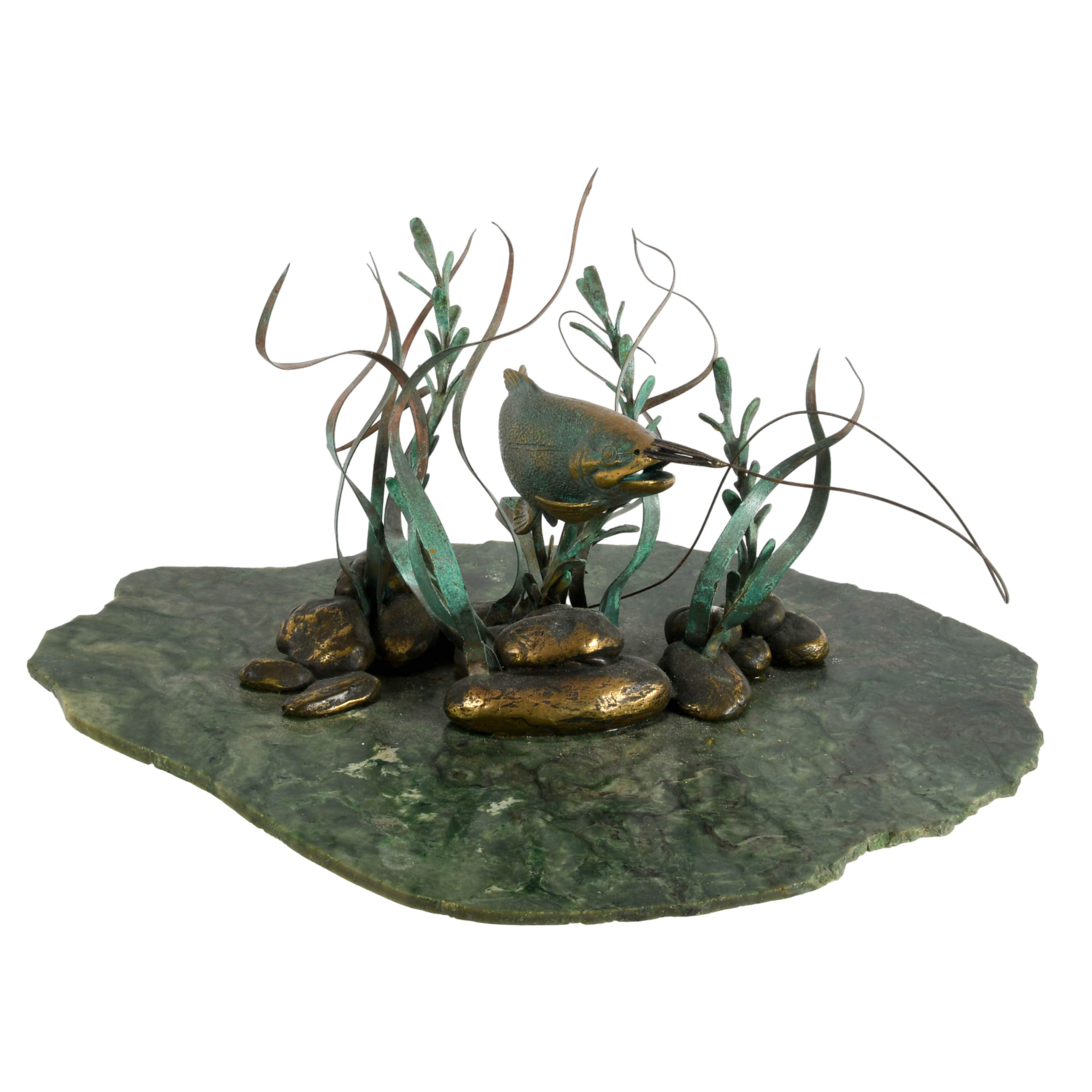 Limited-Edition Gregory Higgins Green Marble and Bronze Fish Sculpture-9