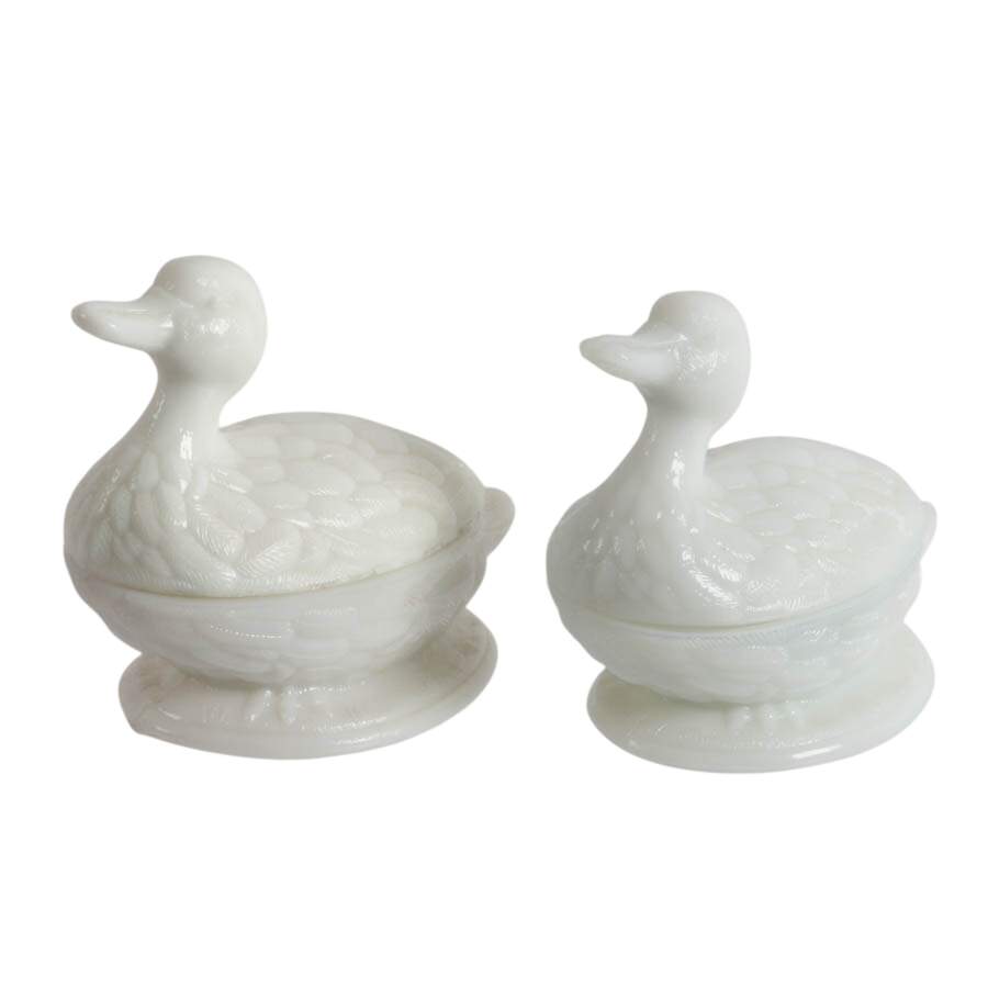 Antique Pair of Vallerysthal Opalescent Milk Glass Ducks on Nests-2