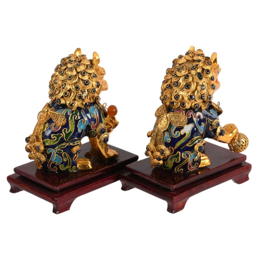 Pair of Cloisonné Copper Enamel Imperial Lions Figurines-6